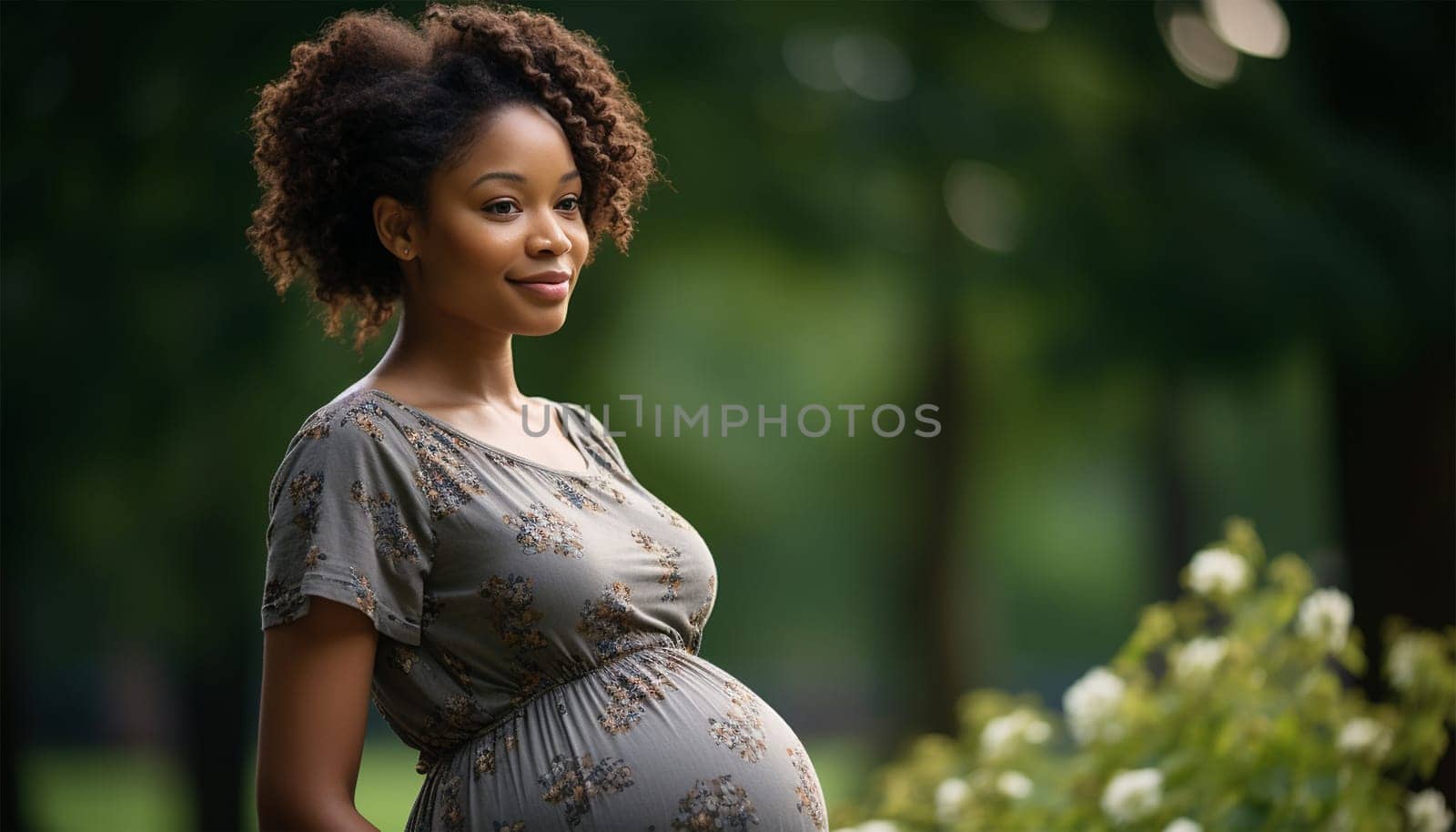 African American pregnant woman. Beautiful pregnant black woman hugging her tummy, enjoying her pregnancy, free space. Side view of African American expecting lady standing next to window at home, touching her big belly beauty shot