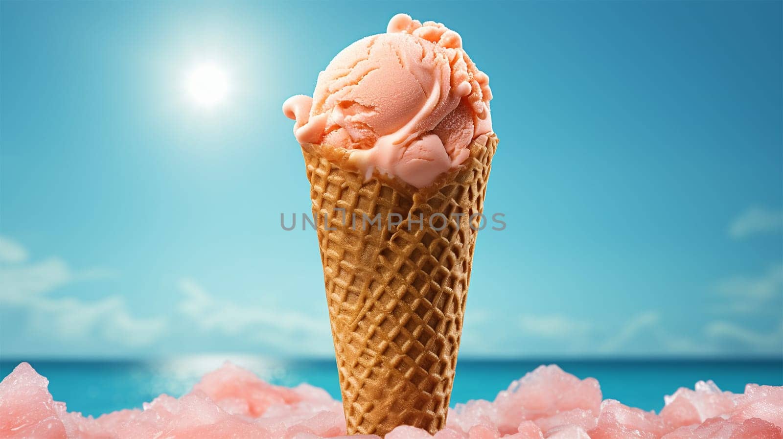 Ice cream cones in summer sky on a tropical beach. delicious ice cream. Lolli ice, cones with different topping, fruit, chocolate and vanilla ice-cream on blue sky background Copy space Holiday concept Space for text