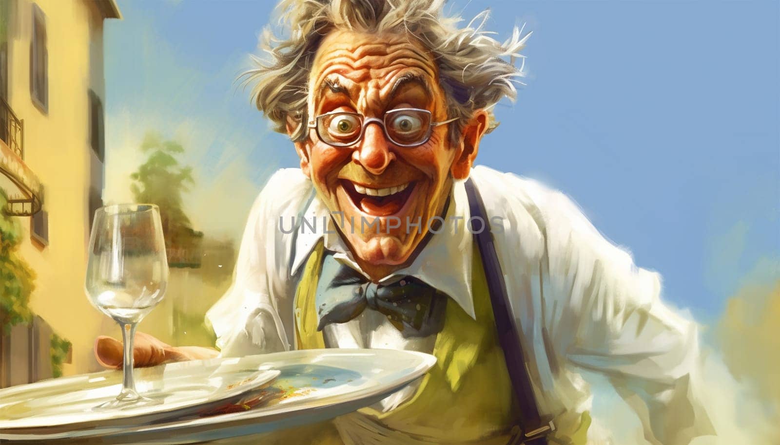 Funny old waiter standing in restaurant. Grey haired waiter man wearing uniform and holding stray with food and drinks. Fun design for caf business concept. service