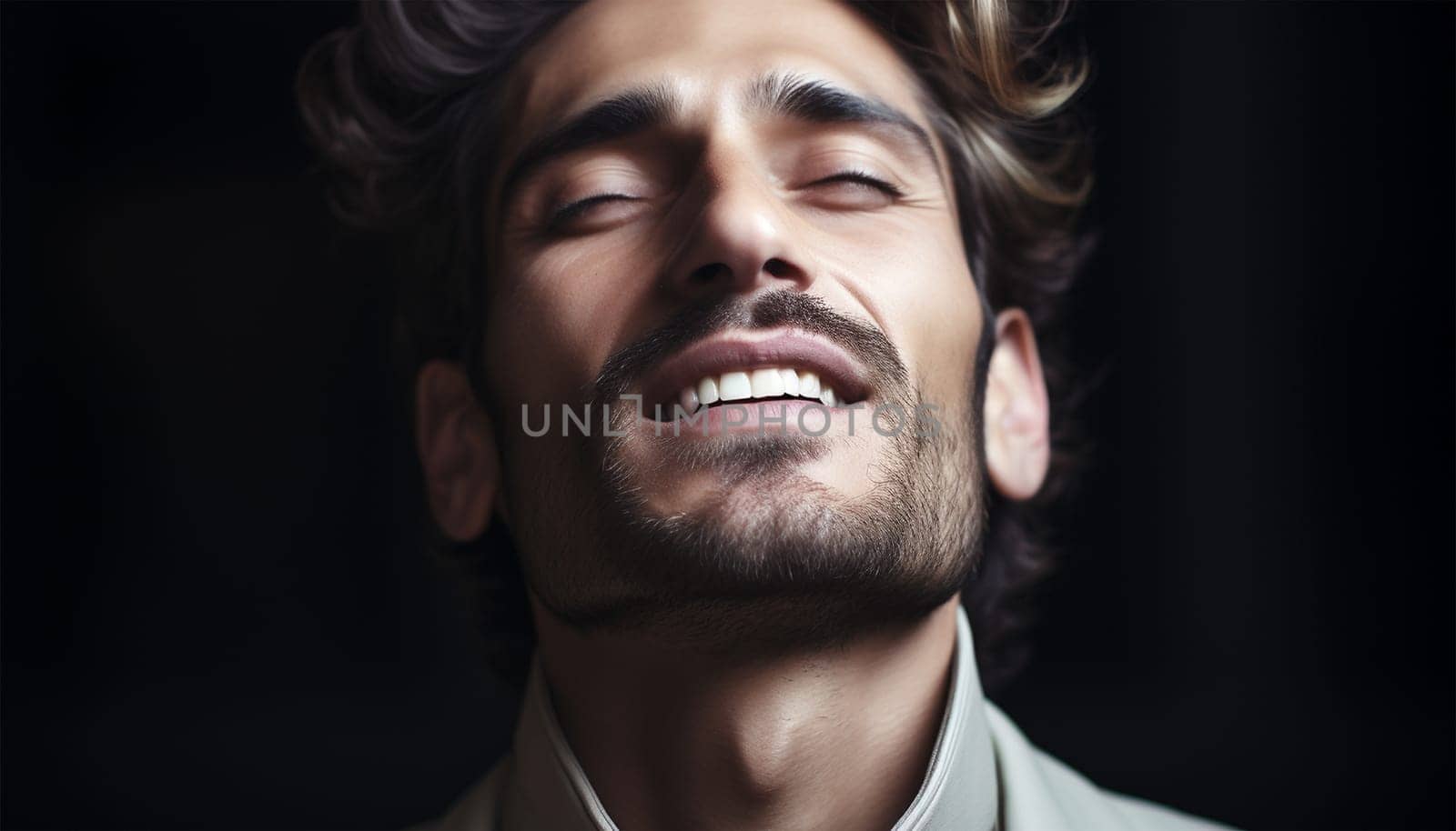 Portrait of a handsome man breathes air and embraced life. Attractive man breathing dark black background. Happy young male enjoying the world. Meditation relaxed taking deep breath of fresh air portrait
