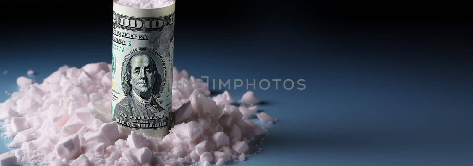Cocaine with rolled up money. Cocaine drug addiction. Pile of cocaine and one hundred dollars banknote on black background closeup . White powder drugs with dollar. Concept for drug addiction Space for text