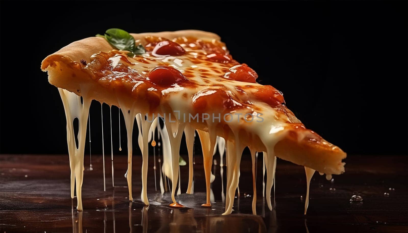 Pizza slice with melted cheese dripping. Large Pepperoni and Mozzarella Pizza on black table, top view, copy space. Delicious fresh baked pizza. Space for text