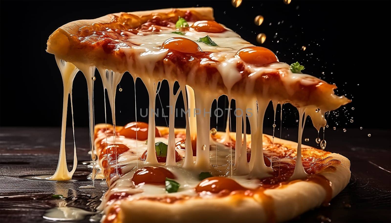 Pizza slice with melted cheese dripping. Large Pepperoni and Mozzarella Pizza on black table, top view, copy space. Delicious fresh baked pizza. Space for text