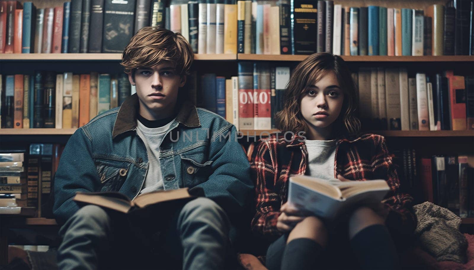 Multi-ethnic Education, books or students reading in a library for group learning development or growth. Storytelling, kids or happy children talking together for knowledge on funny fantasy stories at school portrait