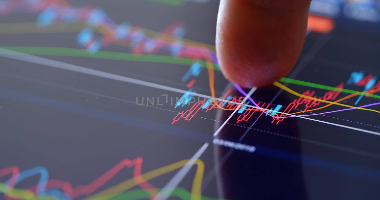 Finger touch on screen with stock market data