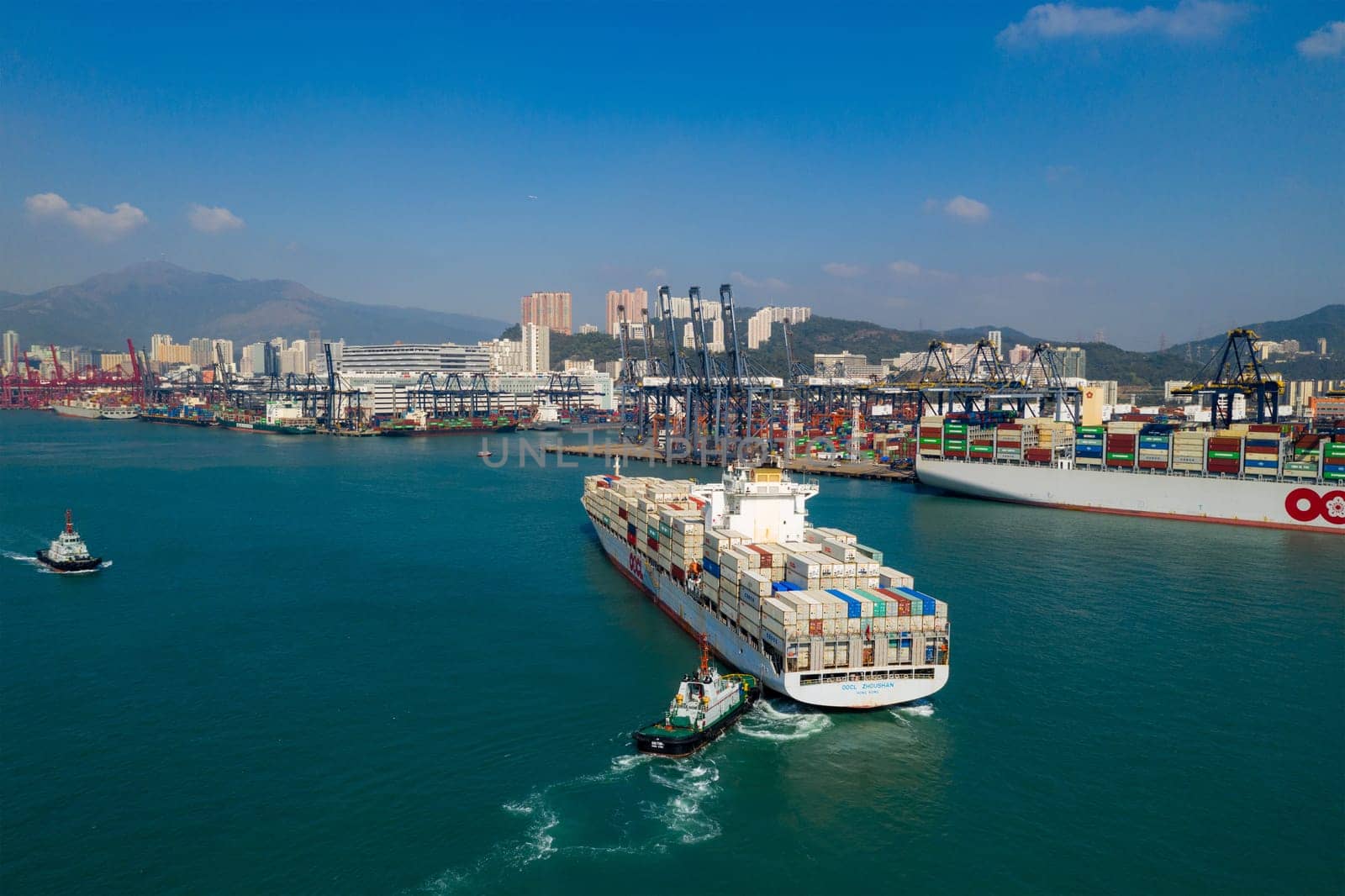 Kwai Tsing, Hong Kong 27 November 2019: Top view of cargo ship in container port