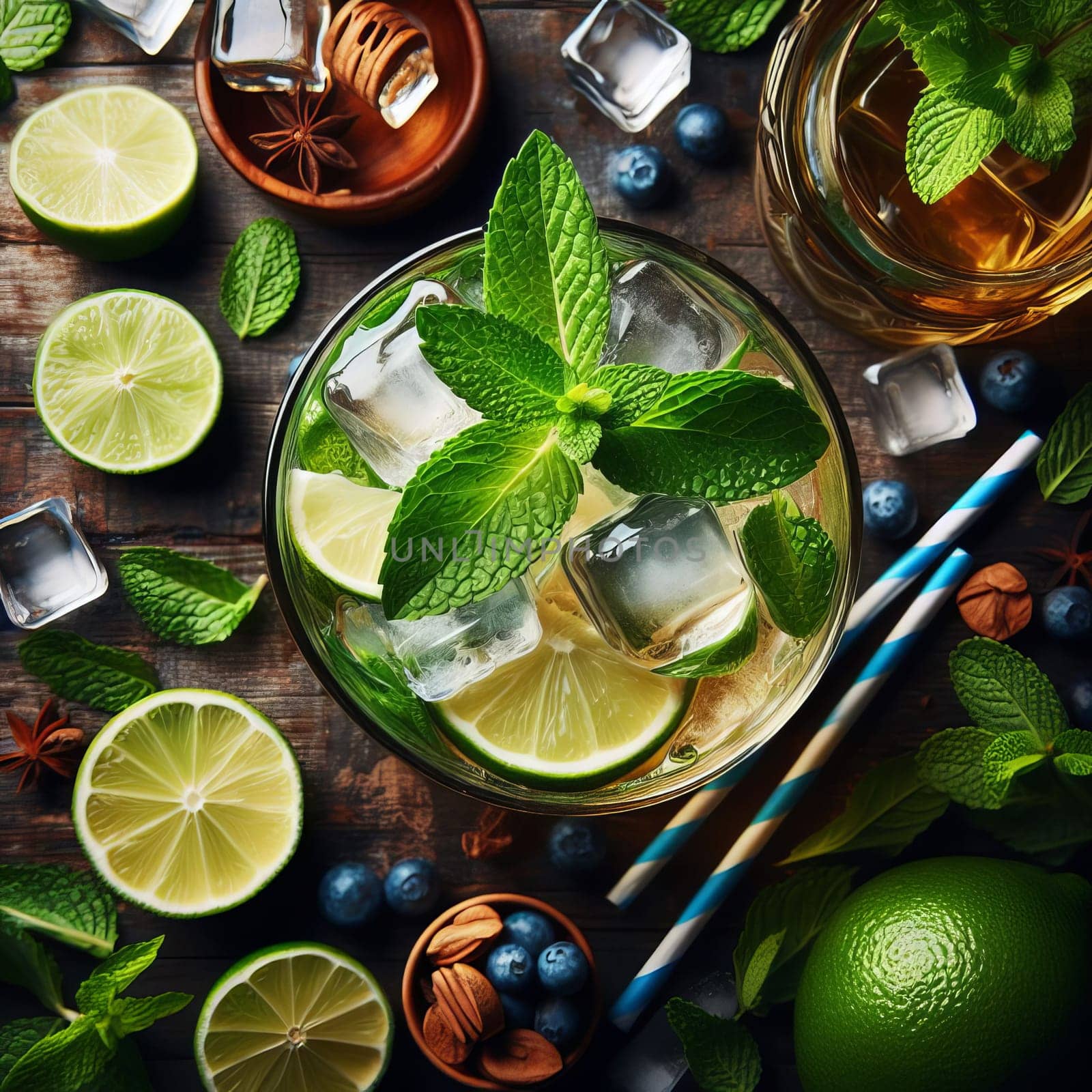 A refreshing mojito cocktail in a glass with fresh mint leaves, lime slices, and ice cubes on a rustic table with additional limes, blueberries, almonds, and honey dipper
