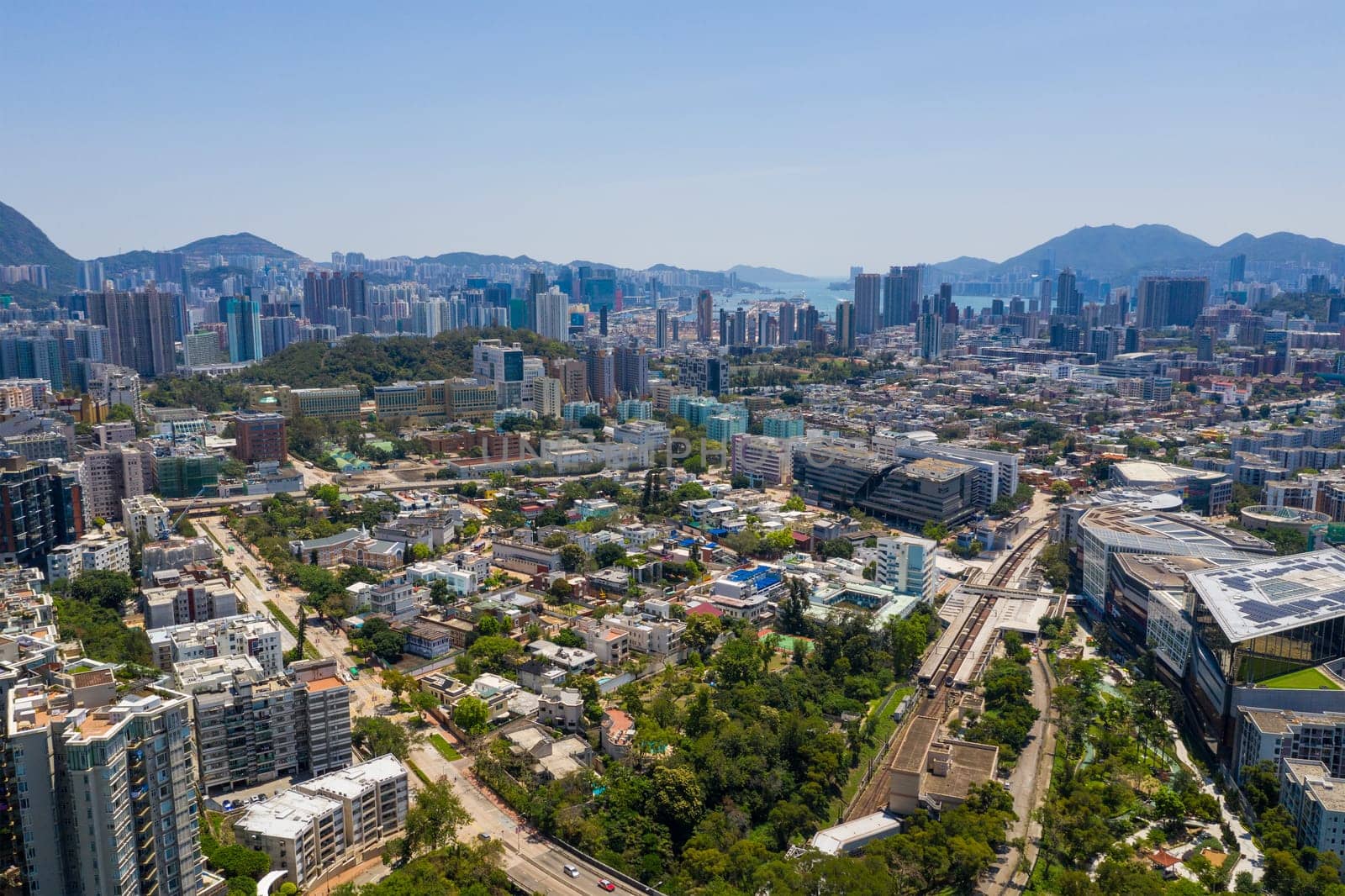 Kowloon Tong, Hong Kong 12 April 2020: Top view of Hong Kong city