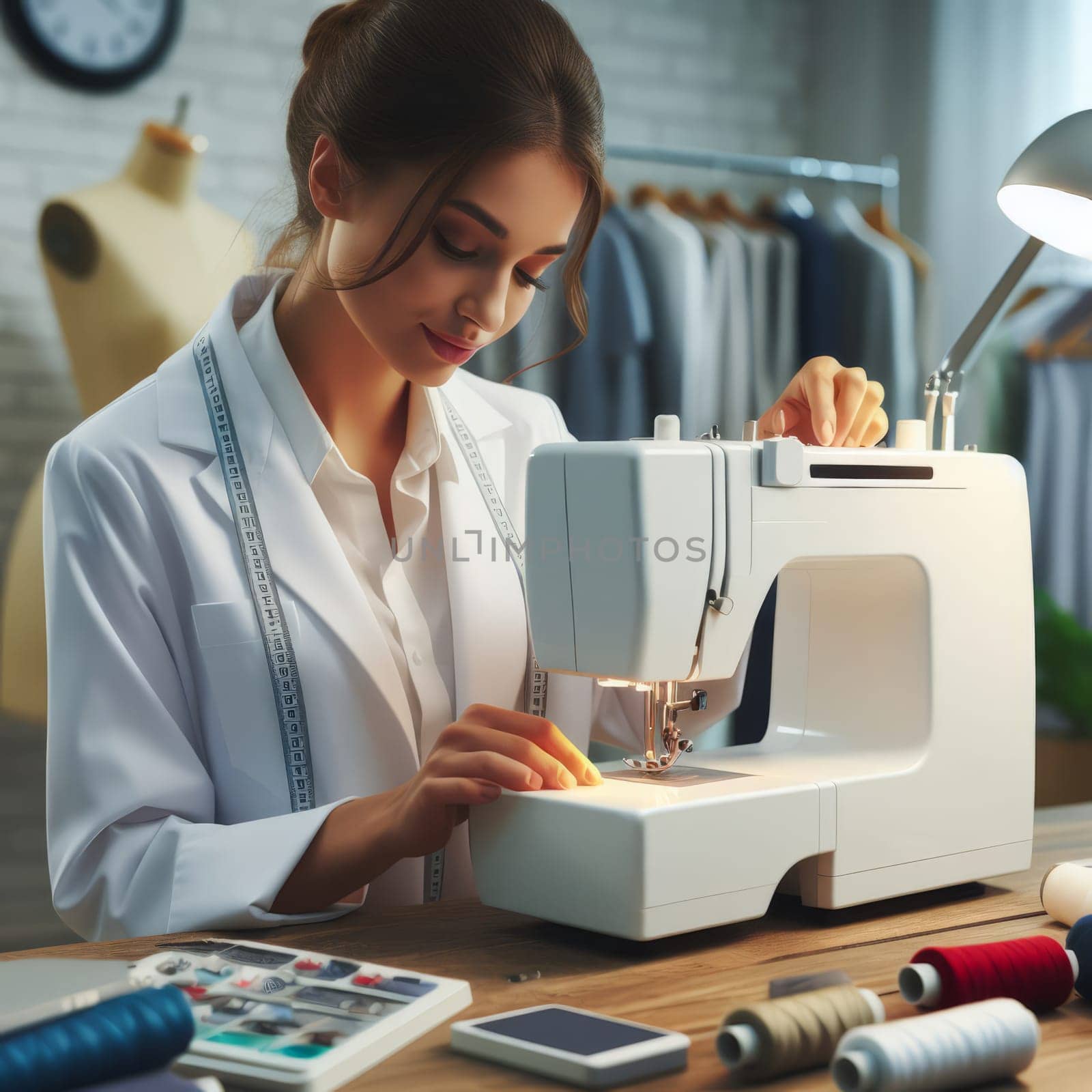 Tailor woman at work, sewing fabric with a machine in a well-lit workspace, surrounded by threads and tools