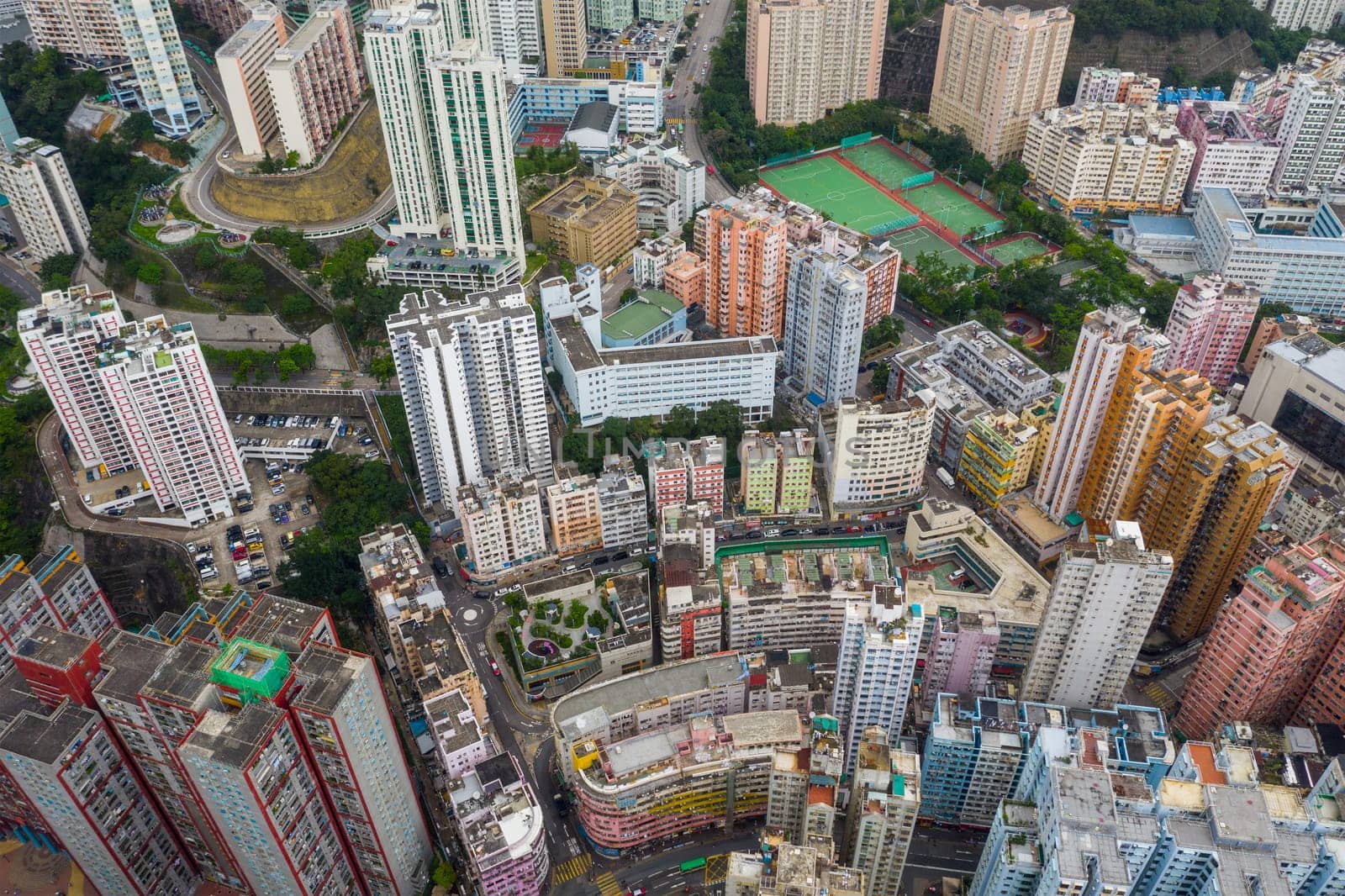 Kwun Tong, Hong Kong 02 June 2019: Aerial view of Hong Kong downtown city