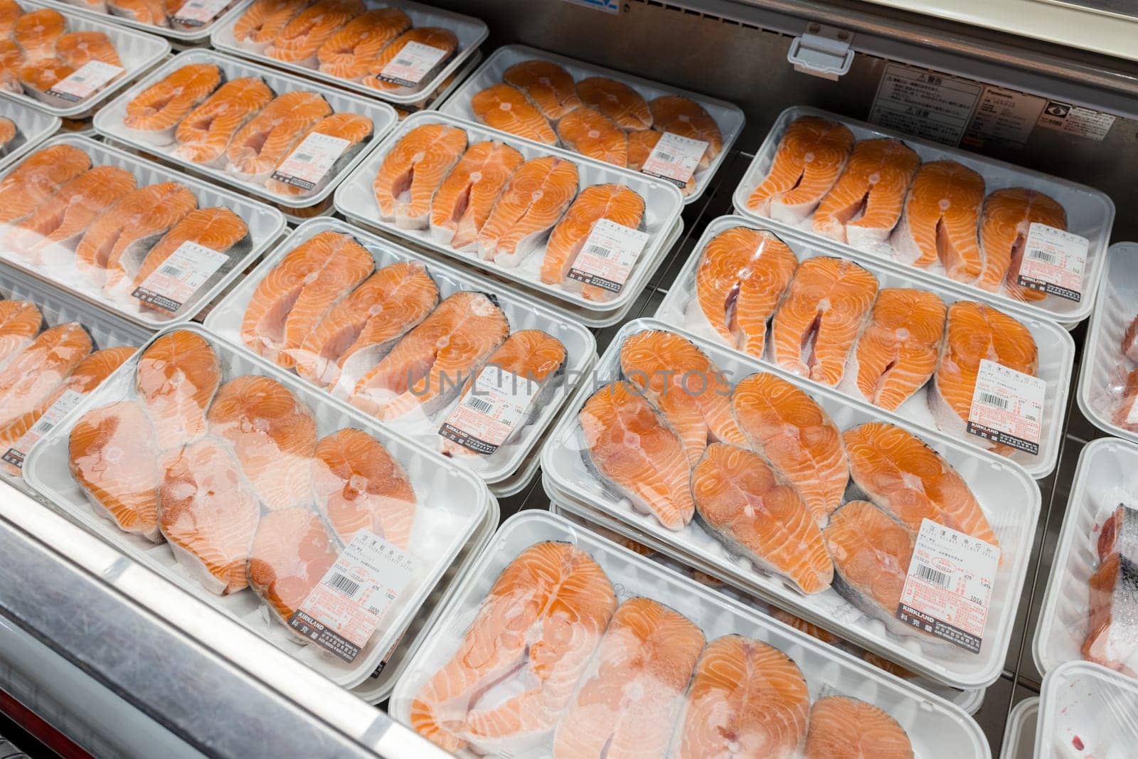 Taiwan 22 September 2023: Shelves with fresh salmon in supermarket at costco store