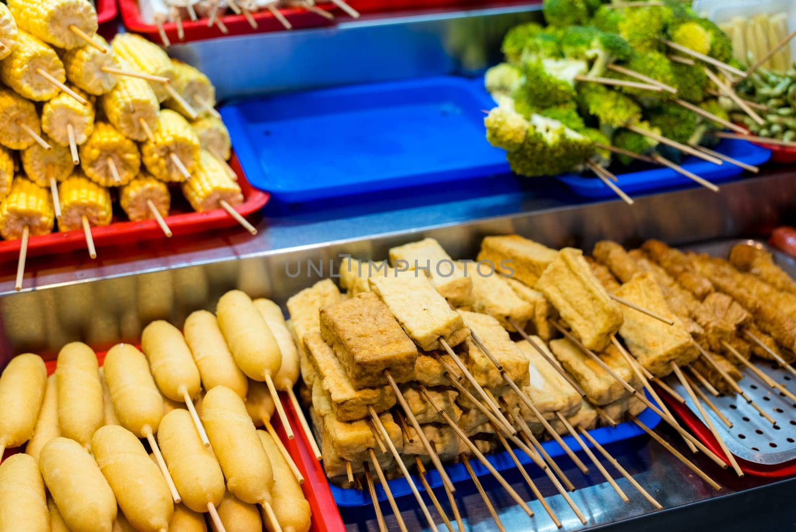 Meat and vegetable skewer sell in street market