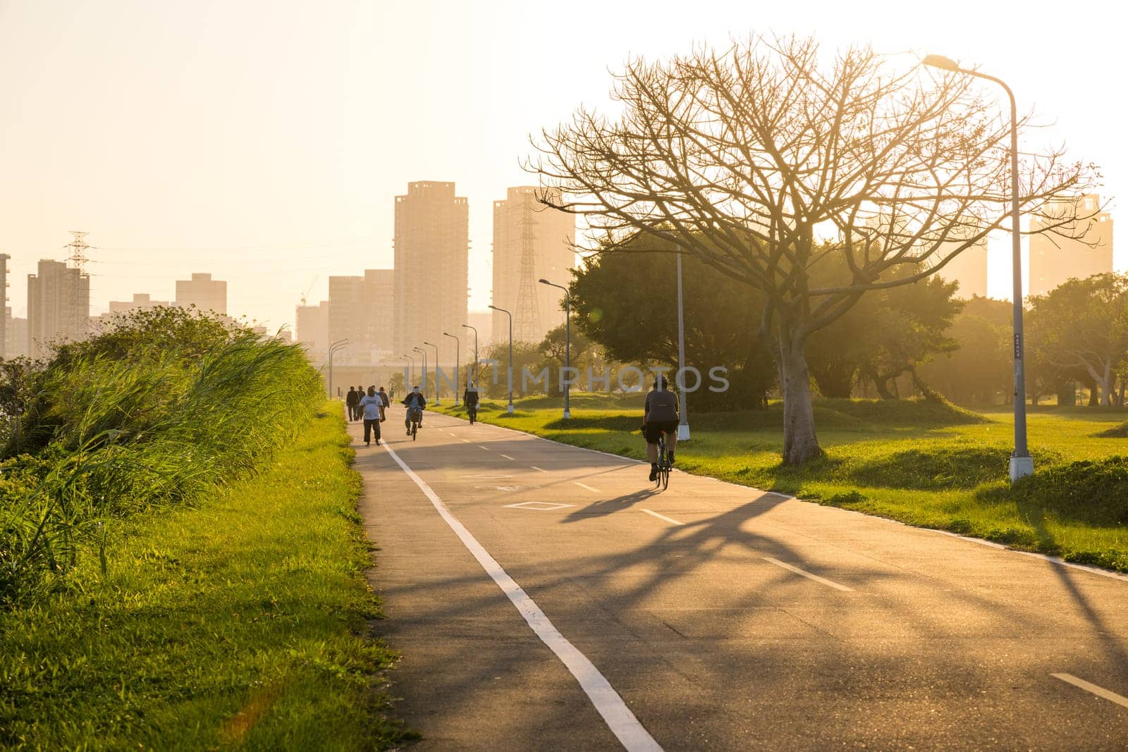 Taipei, Taiwan 07 December 2023: Riding bicycle path in Taipei city park in the evening time