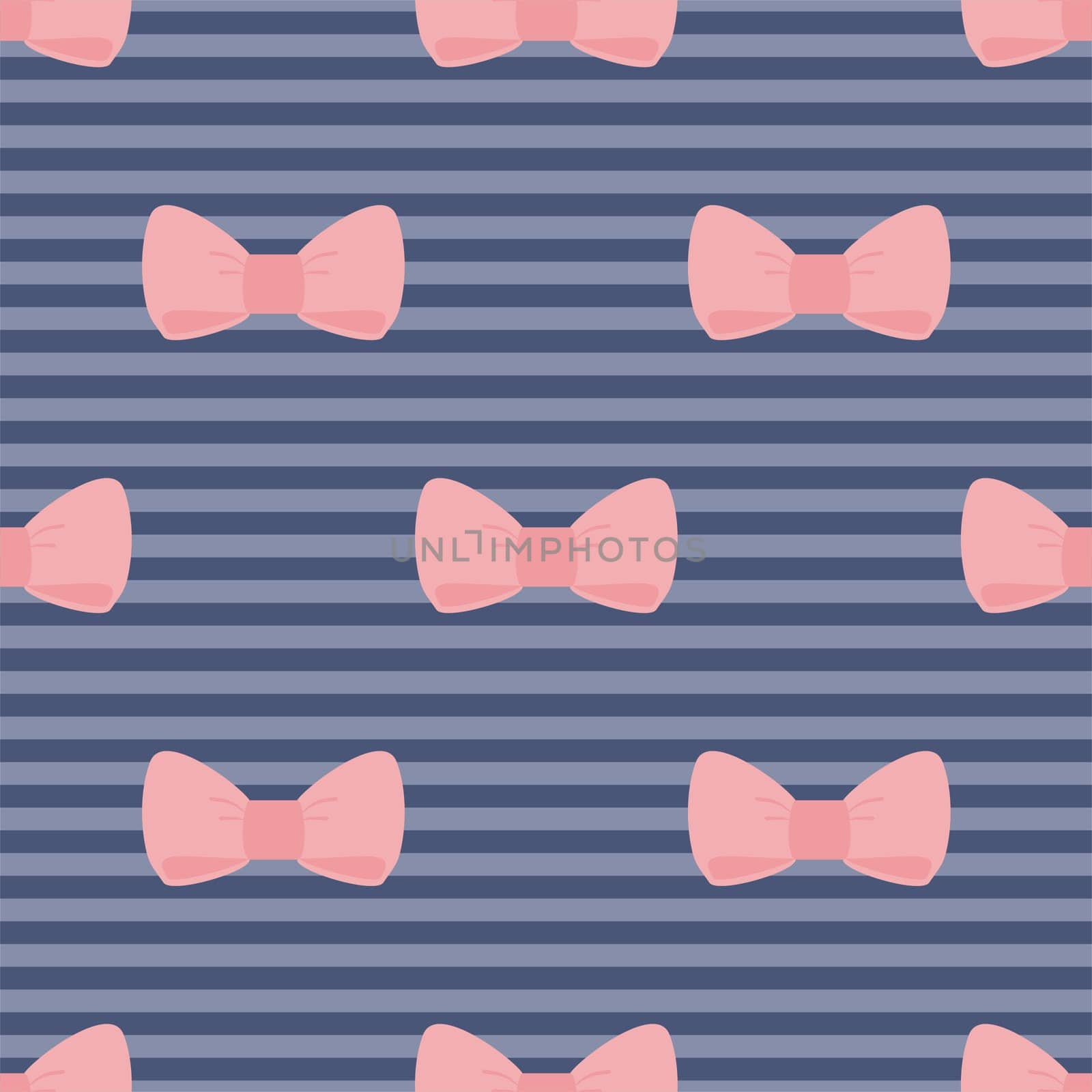 Seamless vector pattern with pastel pink bows on a navy blue strips background. For desktop wallpaper, web design, cards, invitations, wedding or baby shower albums, backgrounds, arts and scrapbooks.