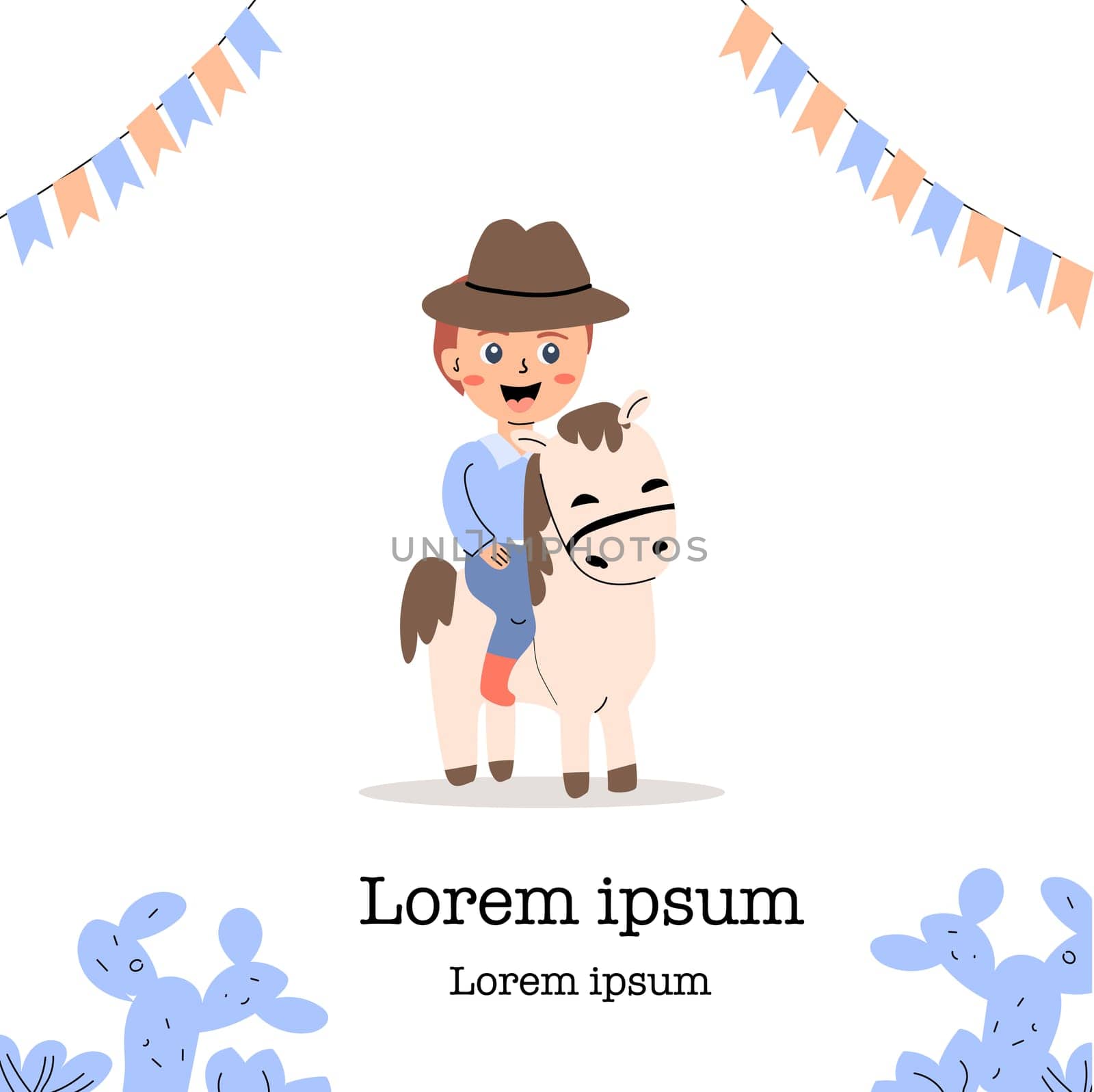 cowboy and cowgirl kids party banner or poster. Vector illustration in flat cartoon style. Suitable for kids birthday invitation, greeting card.
