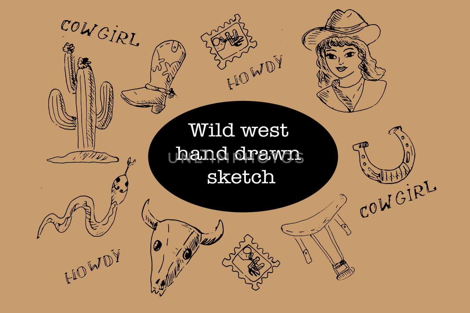 Wild west cowboy or cowgirl Hand drawn vector set. Vector illustration outline. Set included cowgirl, cactus, horseshoe, skull of animal, postage stamp, saddle, snake.