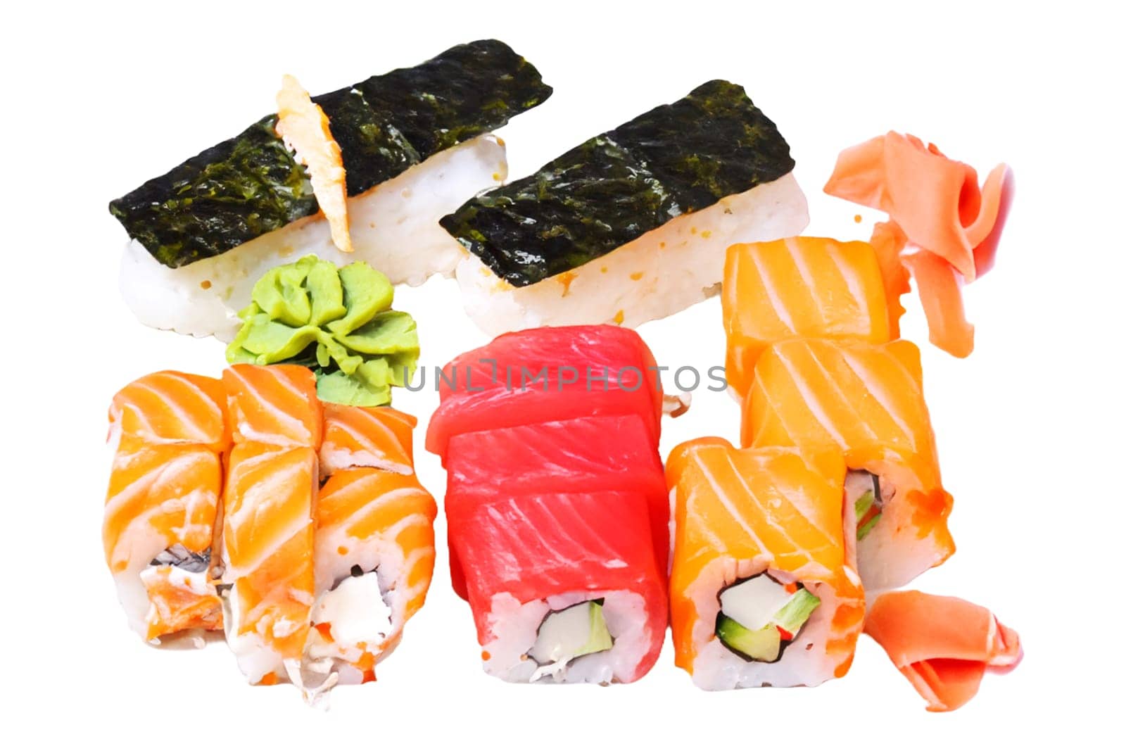 sushi on a white background. sushi is sometimes confused with sashimi, a dish that consists of thinly sliced raw fish or occasionally meat, without sushi rice