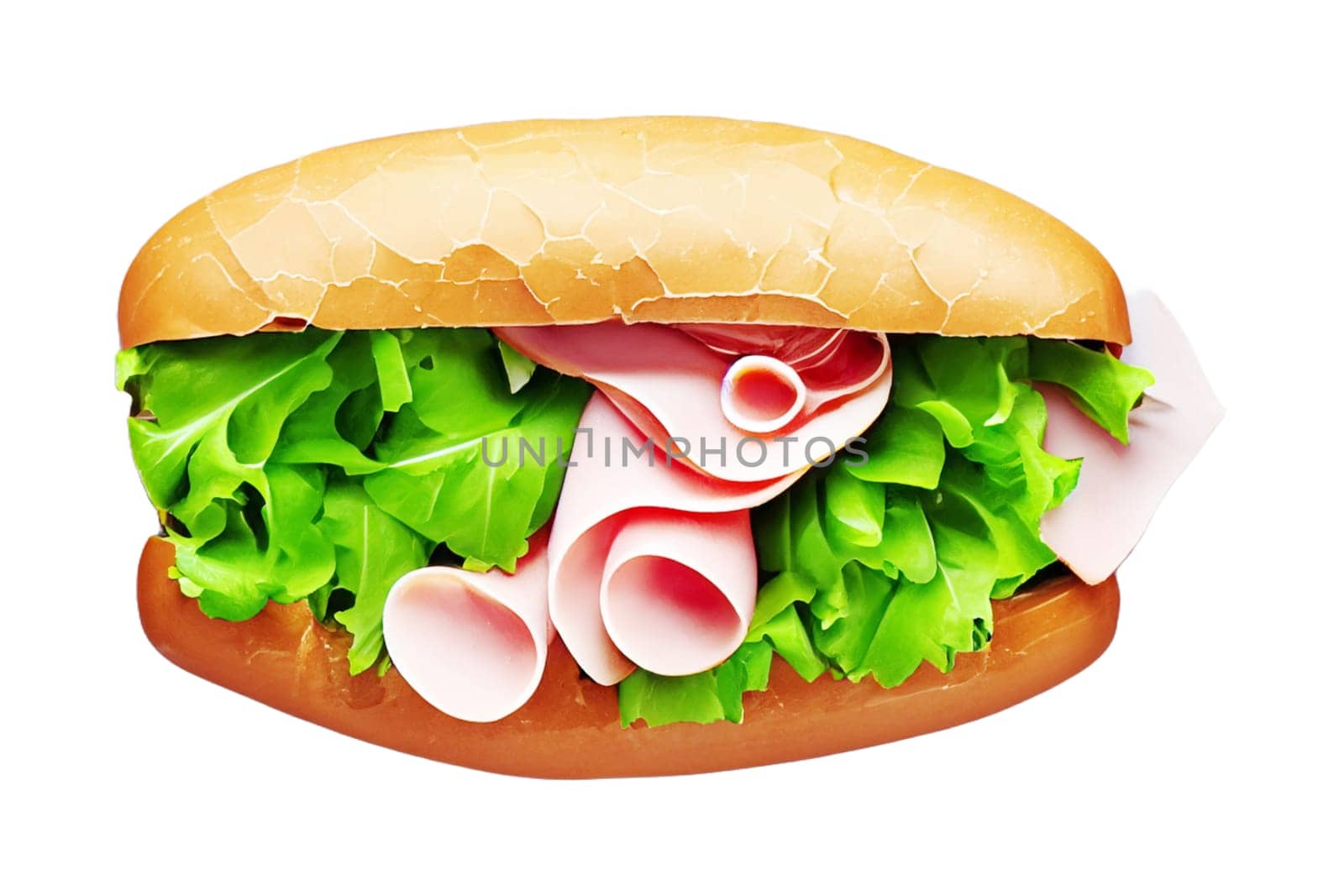 appetizing sandwich with ham and fresh green salad isolated on white background