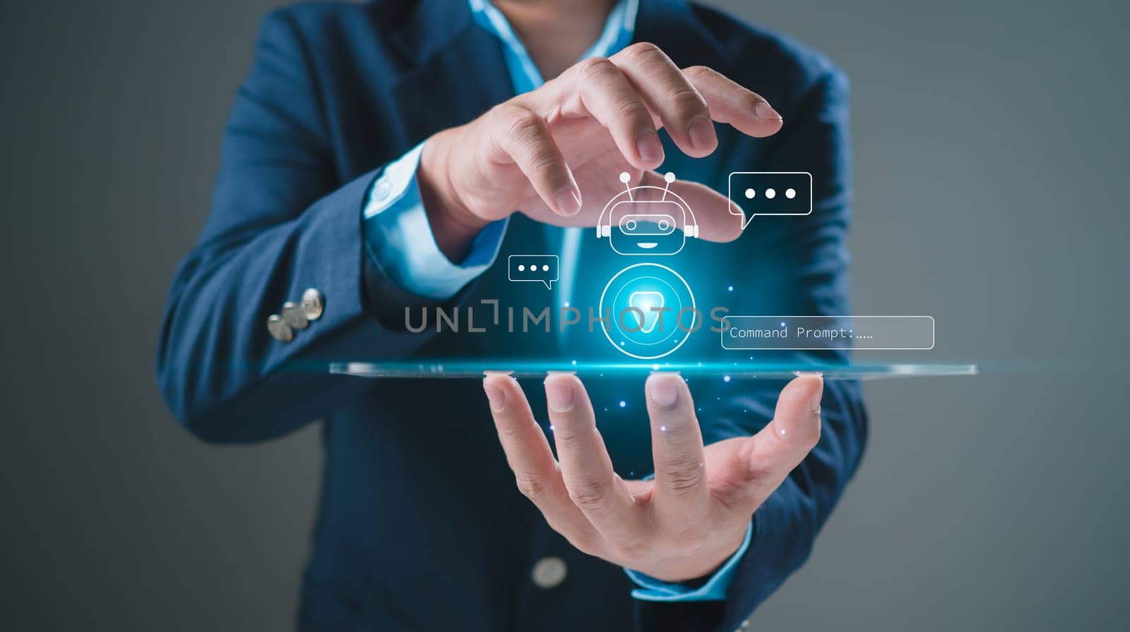 Businessman uses tablet to type chat Ask and answer with the artificial intelligence system, chatbot, AI assistant.