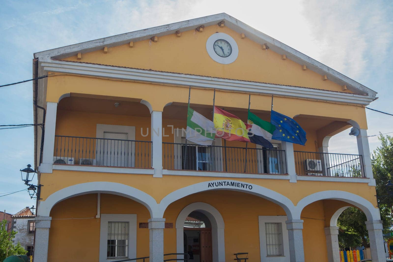 Perales del Puerto Town hall building, beautiful little town in Sierra de Gata, Caceres, Extremadura, Spain.