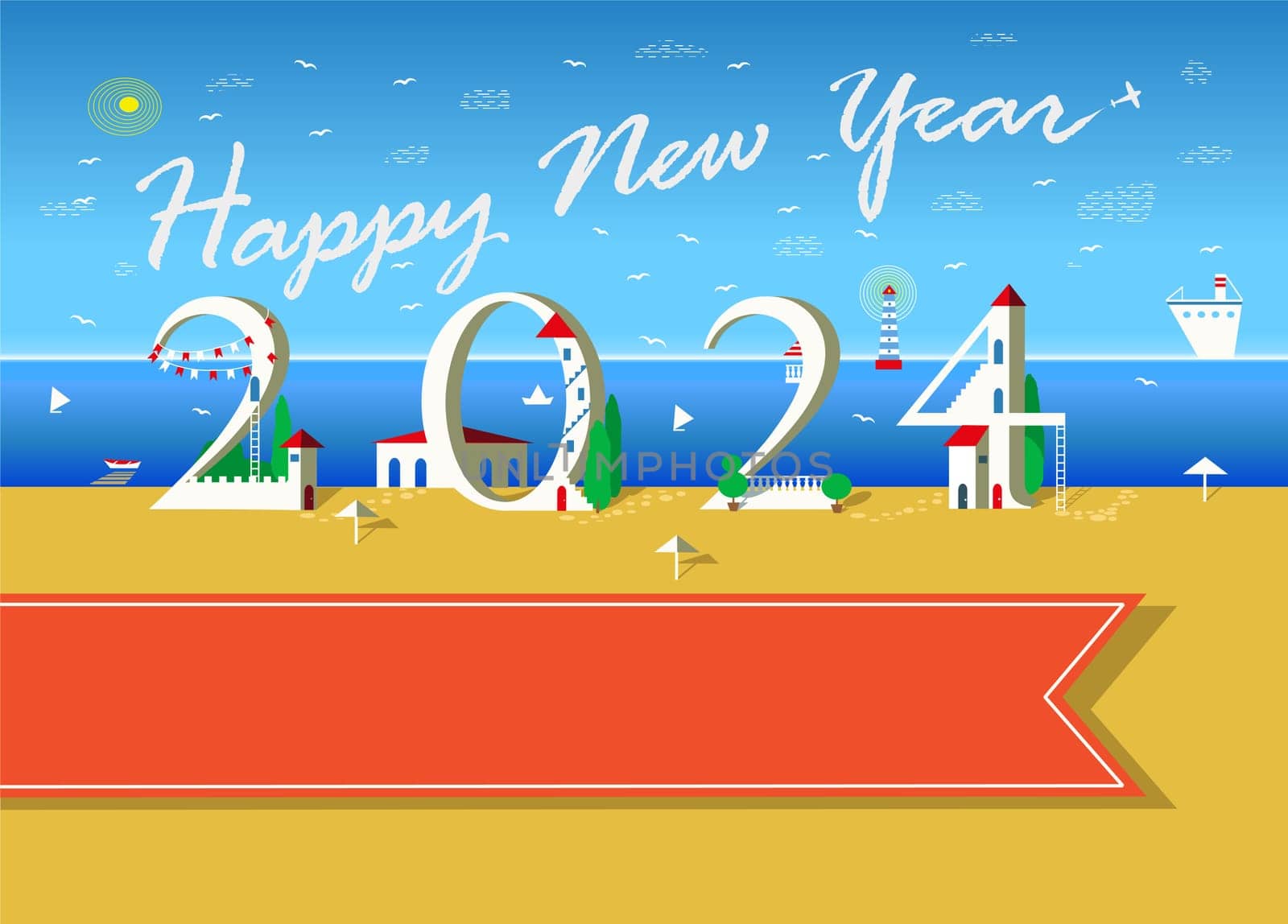 Coastal Celebration: Happy New Year 2024 at the Beach. White text is in the sky as plane trail. The numbers appear as charming beachfront houses. A serene seascape forms the backdrop, and there's an inviting orange banner for personal messages
