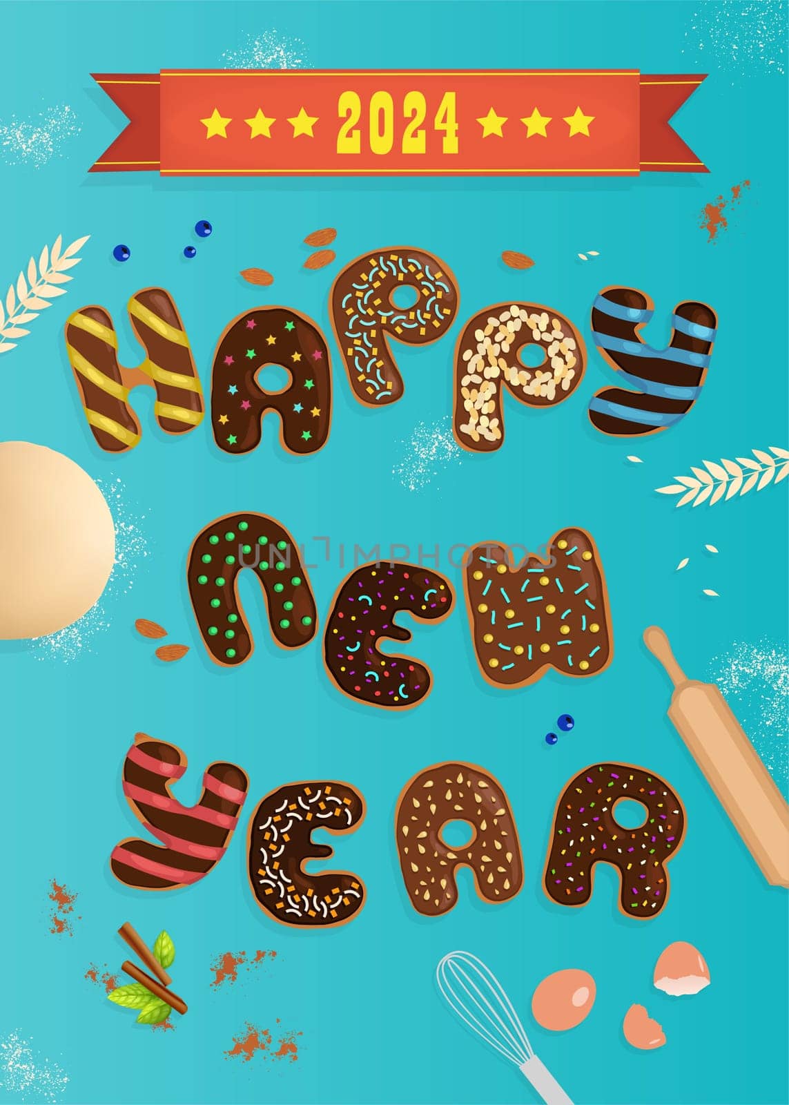 The phrase Happy New Year made from chocolate donuts in the form of letters of the alphabet, decorated with cream and nuts. A bright blue table with dough, flour and other cooking paraphernalia. Red banner with 2024.