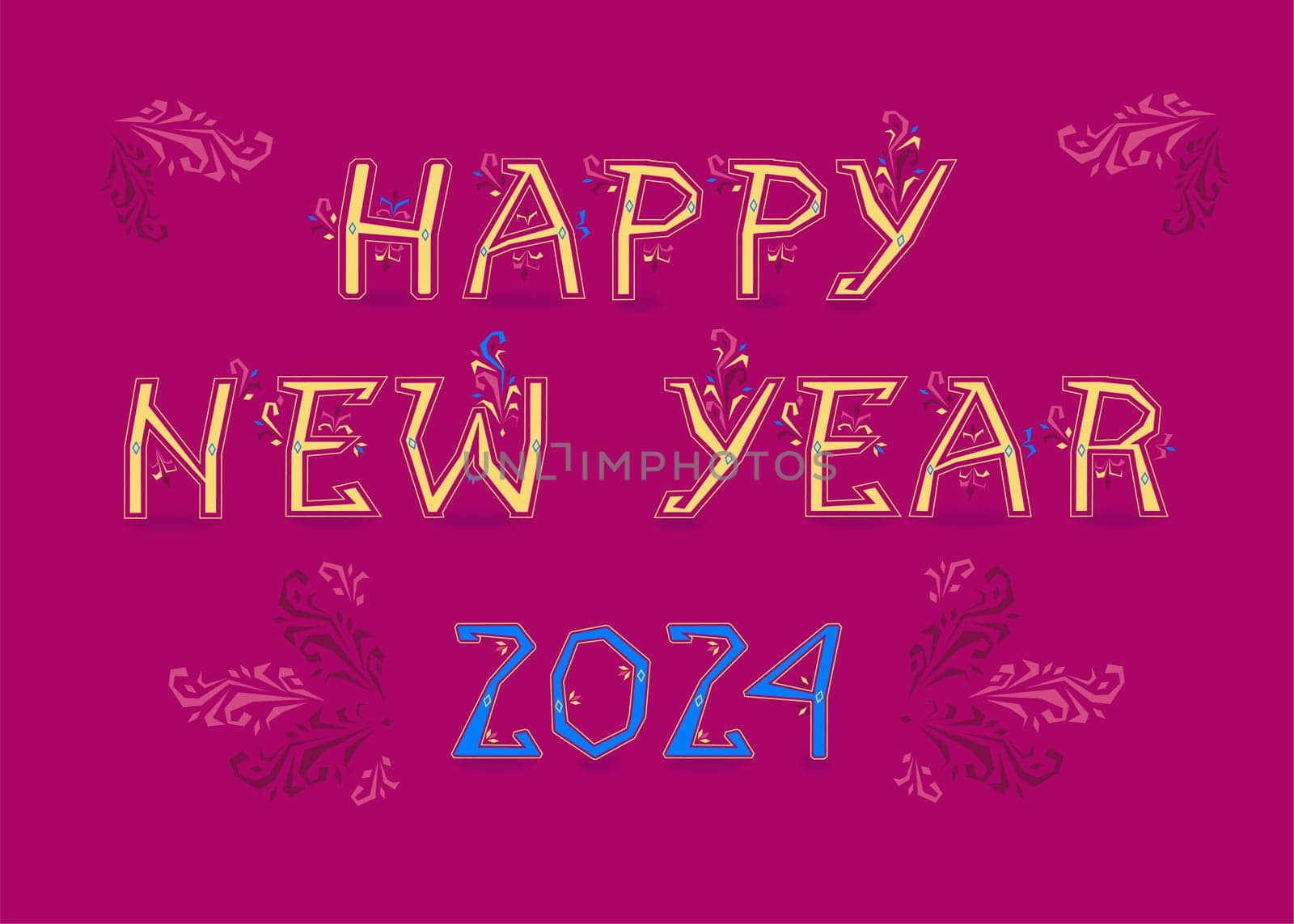 Folk New Year 2024. Artistic font with folk-inspired decor. Vibrant red background. Bold yellow letters, adorned with intricate geometric patterns, spell out the message of good cheer. The blue number '2024' stands out as the centerpiece