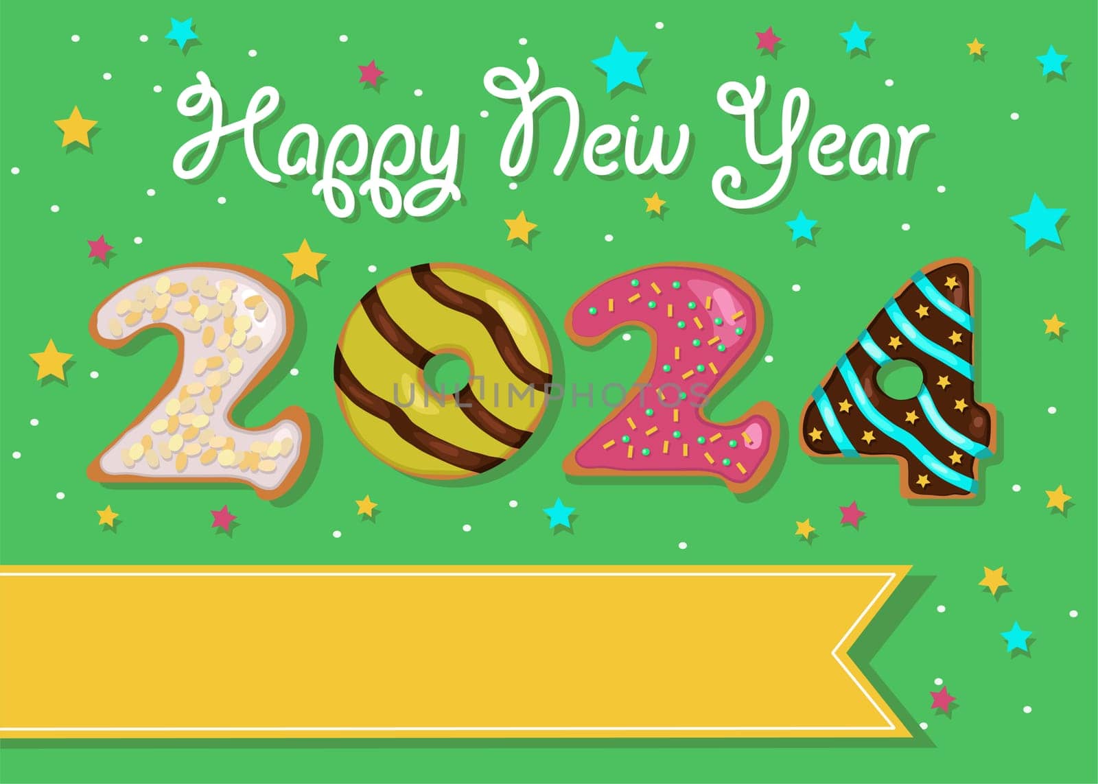 A festive illustration of a colorful number 2024 made of sweet donuts with cream and nuts decor on a green background with confetti. A yellow banner for custom text. It is perfect for New Year's greetings