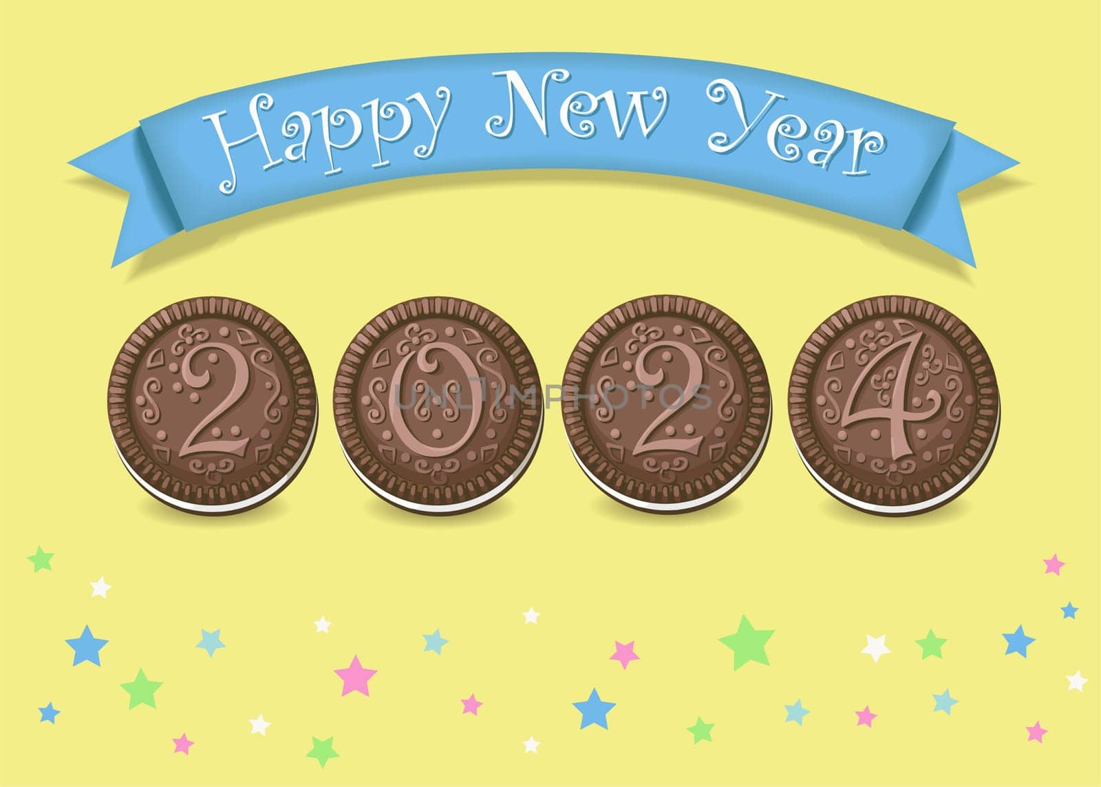 Chocolate Cookie Happy New Year 2024. The number 2024 is as a artistic chocolate cookies with cream. The background is yellow with stars. The banner is blue with white text. The card is perfect for sending greetings to friends and family.