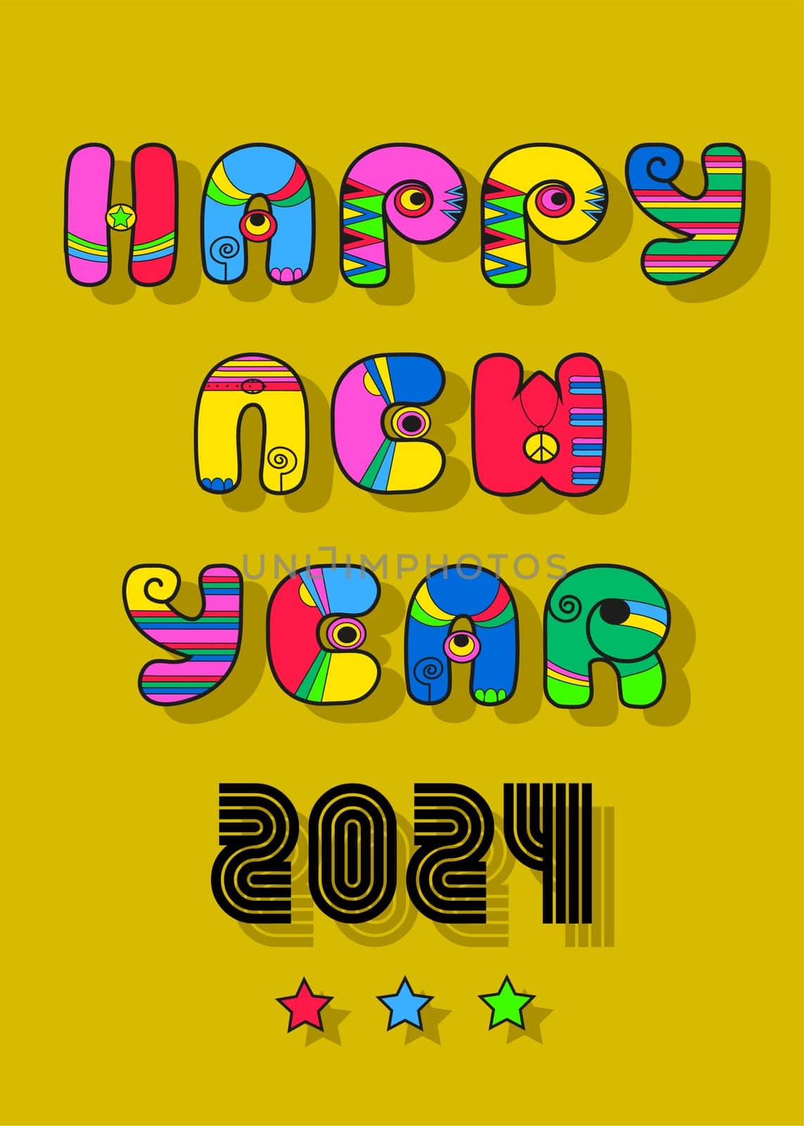 Disco New Year 2024. A festive illustration of a disco-style cartoon inscription Happy New Year with colorful decor. The number 2024 is black in a retro style. The background is yellow-green. Perfect for New Year's greetings, cards, and other designs