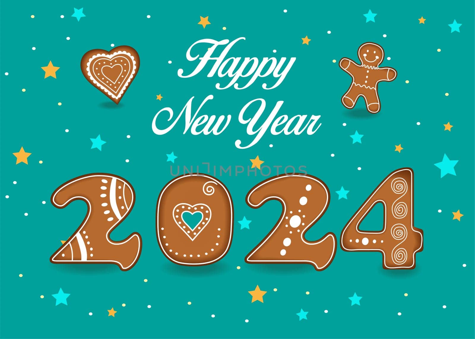 Happy New Year 2024 Ginger Cookies. A festive illustration of a brown alphabet made of Christmas ginger cookies with white cream decor on a green background with stars and confetti. The illustration also features a heart and ginger man cookies.