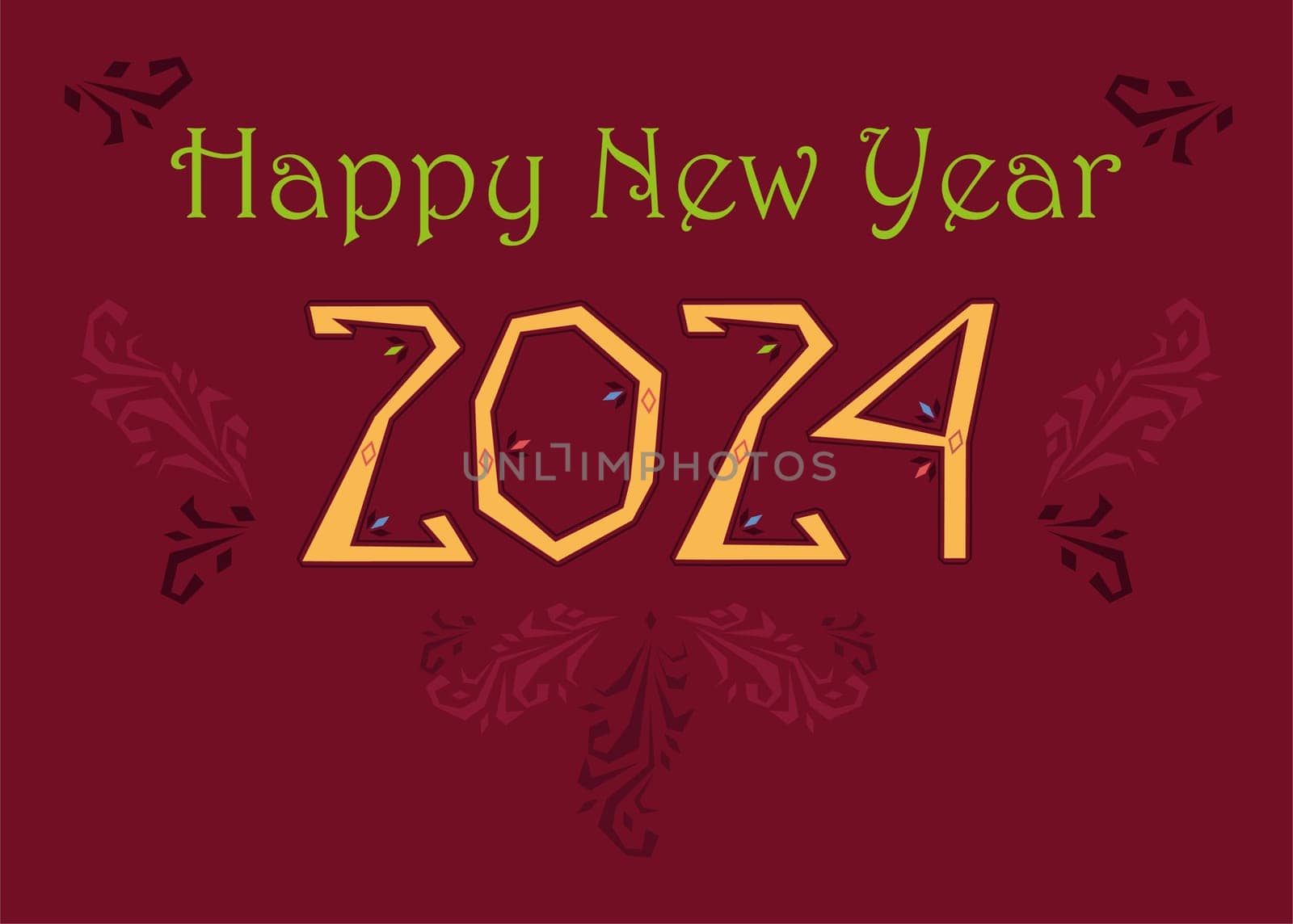Happy New Year 2024 Folk. A festive greeting card celebrating the new year. The letters are green, the number is yellow, and the background is red. The card is decorated with botanical elements. Perfect for sending greetings to friends and family.