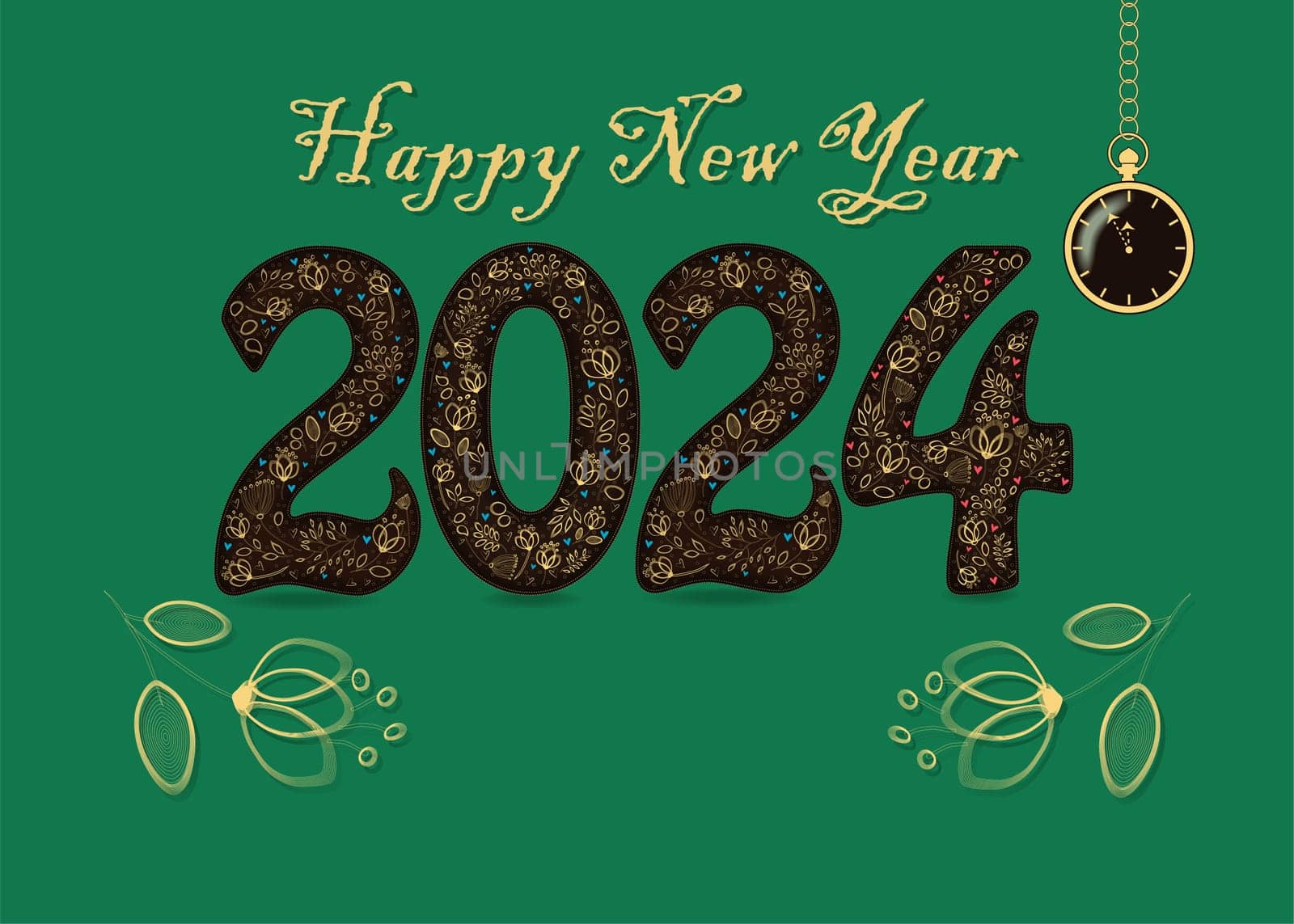 Happy New Year 2024 with golden floral decor. Graceful flowers and hearts, yellow text. Two big flowers frame the number, and there is a place for custom text. A pocket golden watch shows five to twelve o'clock. The background is green.