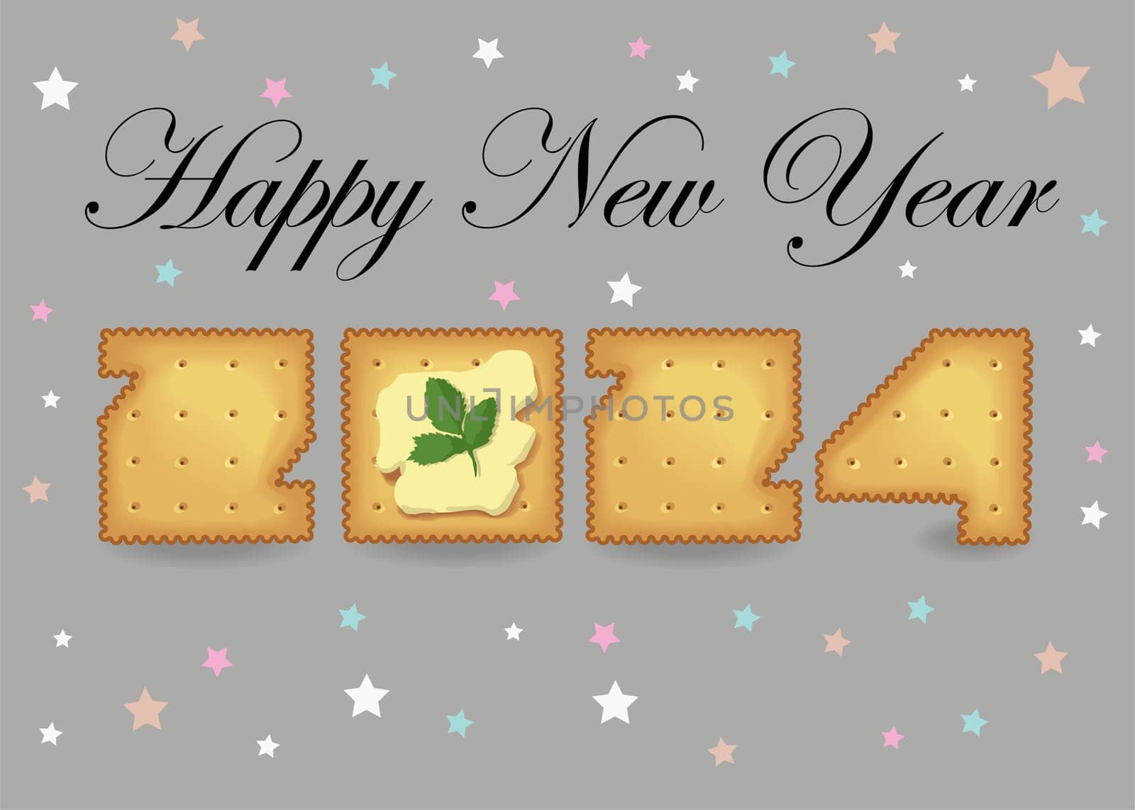 Happy New Year 2024 Cracker Cookie Number. A festive illustration of a cracker cookie number 2024 on a gray background with colorful stars and black text. The cookies with butter and green parsley
