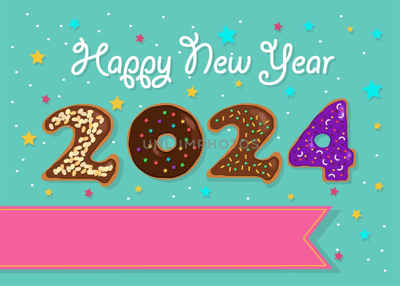 A festive illustration of a colorful number "2024"" made of sweet donuts with cream and nuts decor on a green background with stars and confetti. There is a pink banner for custom text and cream text ""Happy New Year""."
