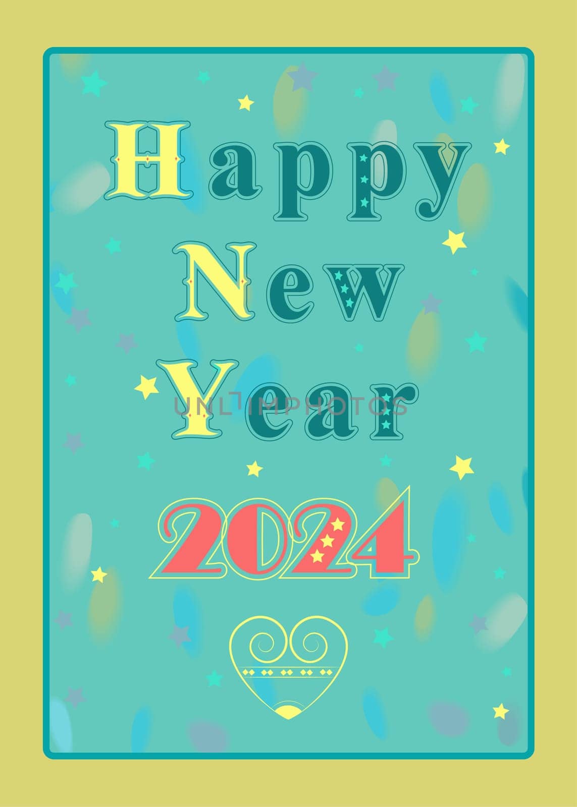 A festive illustration of the words "Happy New Year 2024"" in a colorful font with stars decor. The letters are green and yellow, and the numerals are red. The background is a blue watercolor wash with a big yellow heart."