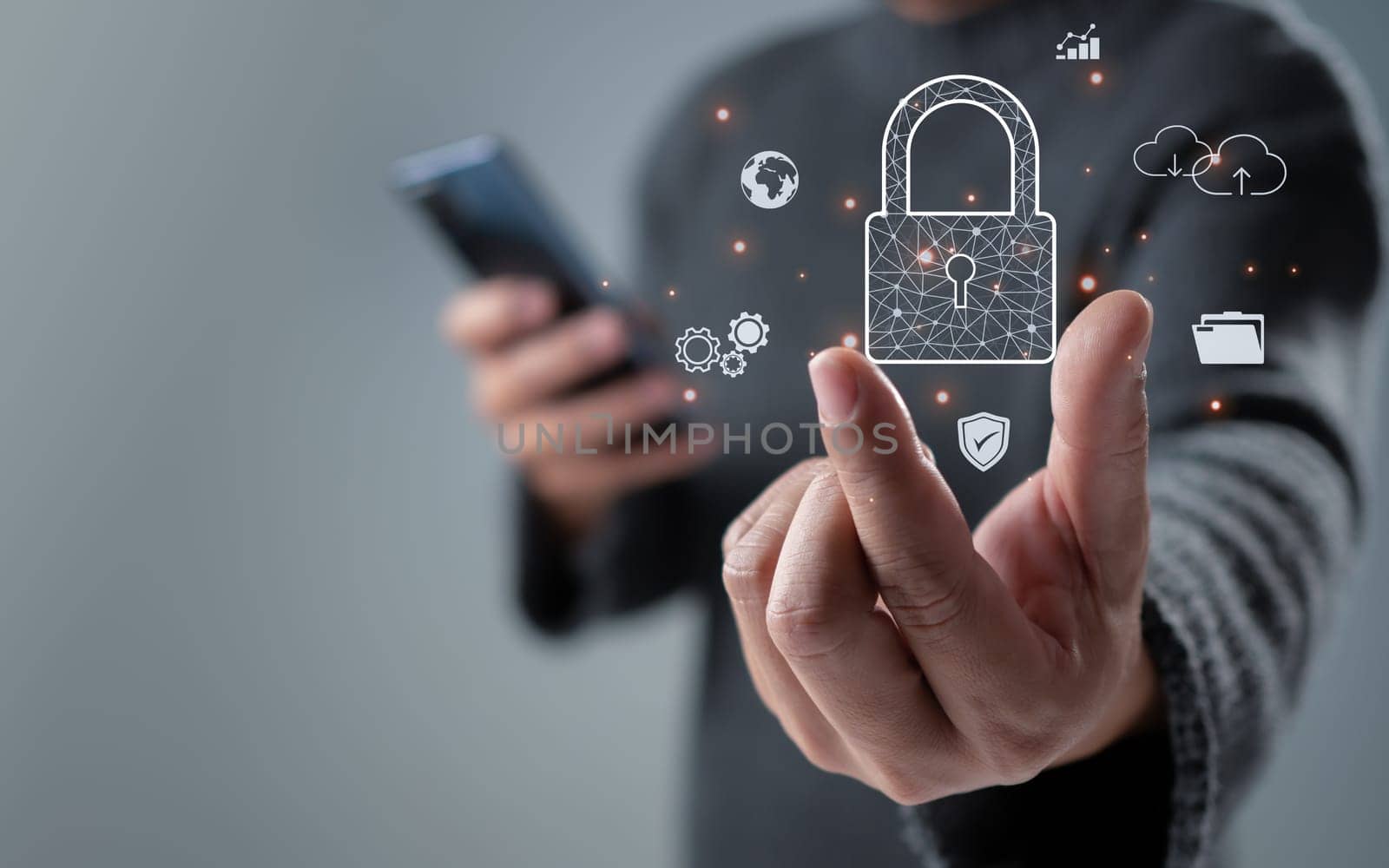 Man show key secure encryption technology, cybersecurity privacy of data protection, security Internet access, security encryption of user private data, business confidentiality.
