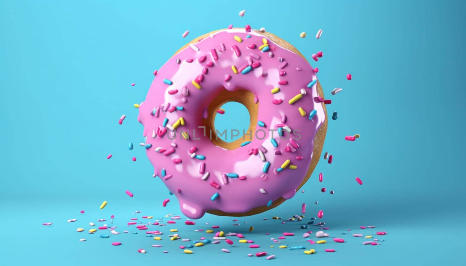 a colorful donut on a blue background.