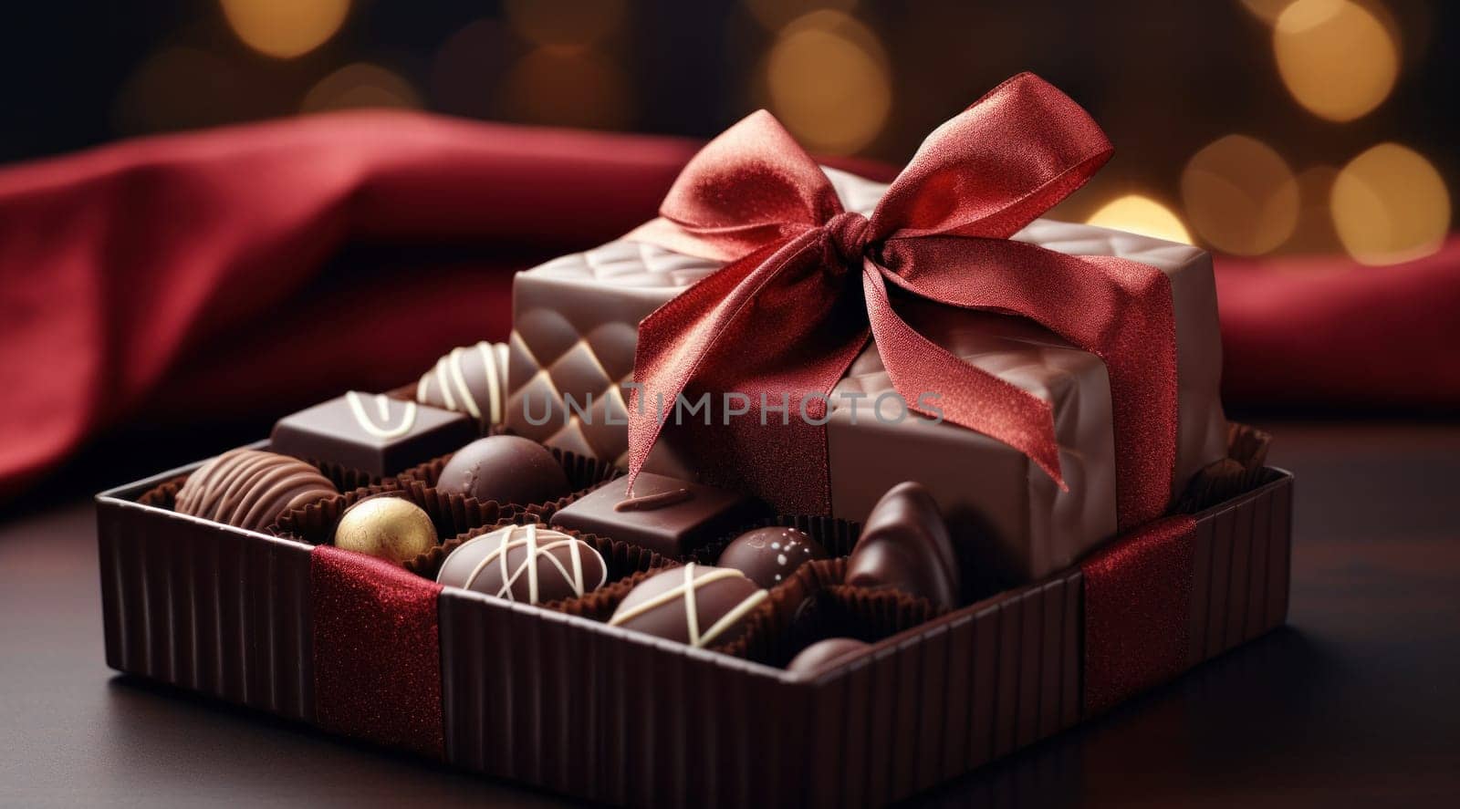 a box filled with chocolates and a ribbon.