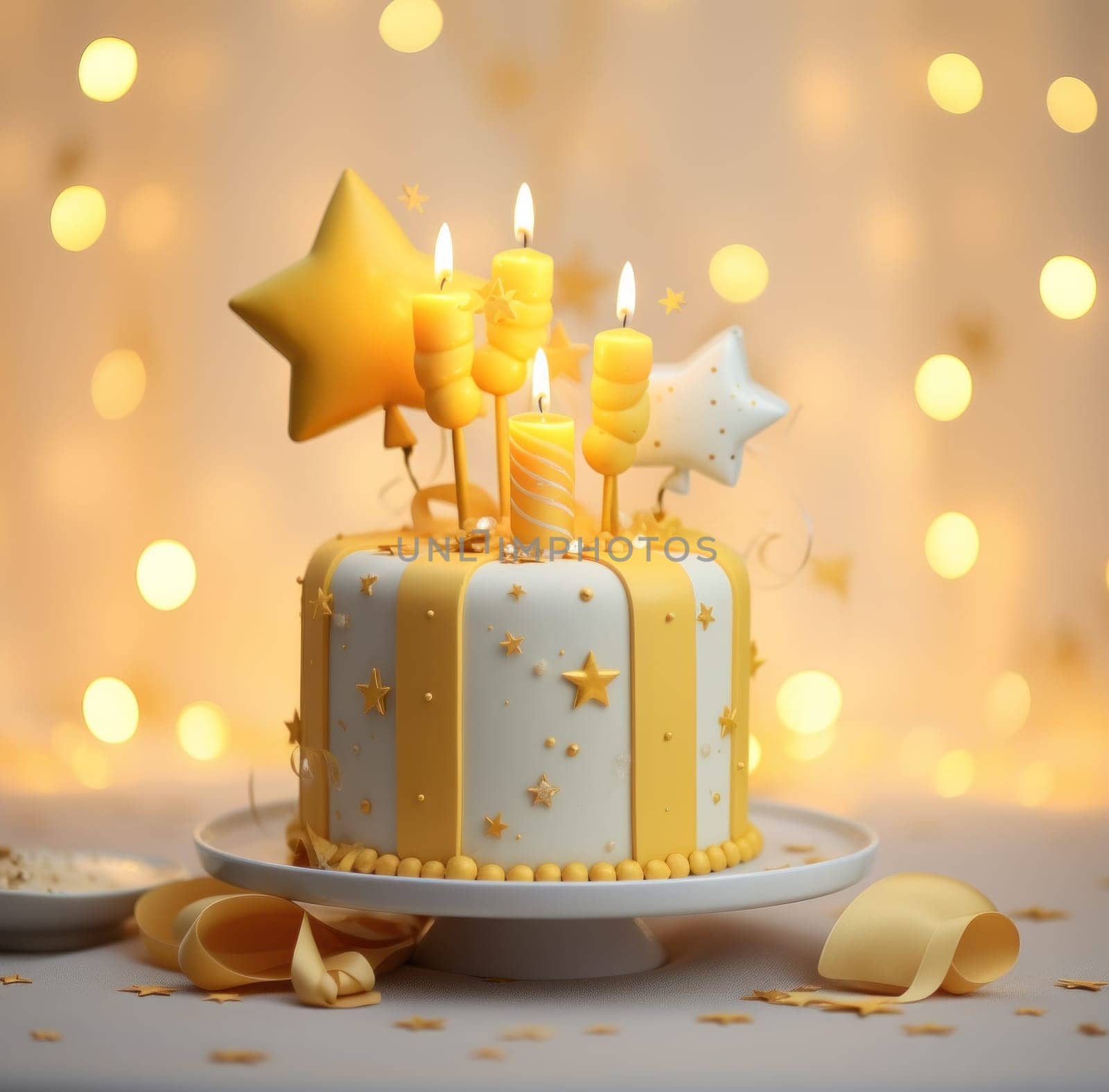 a yellow birthday cake with gold stars on top.