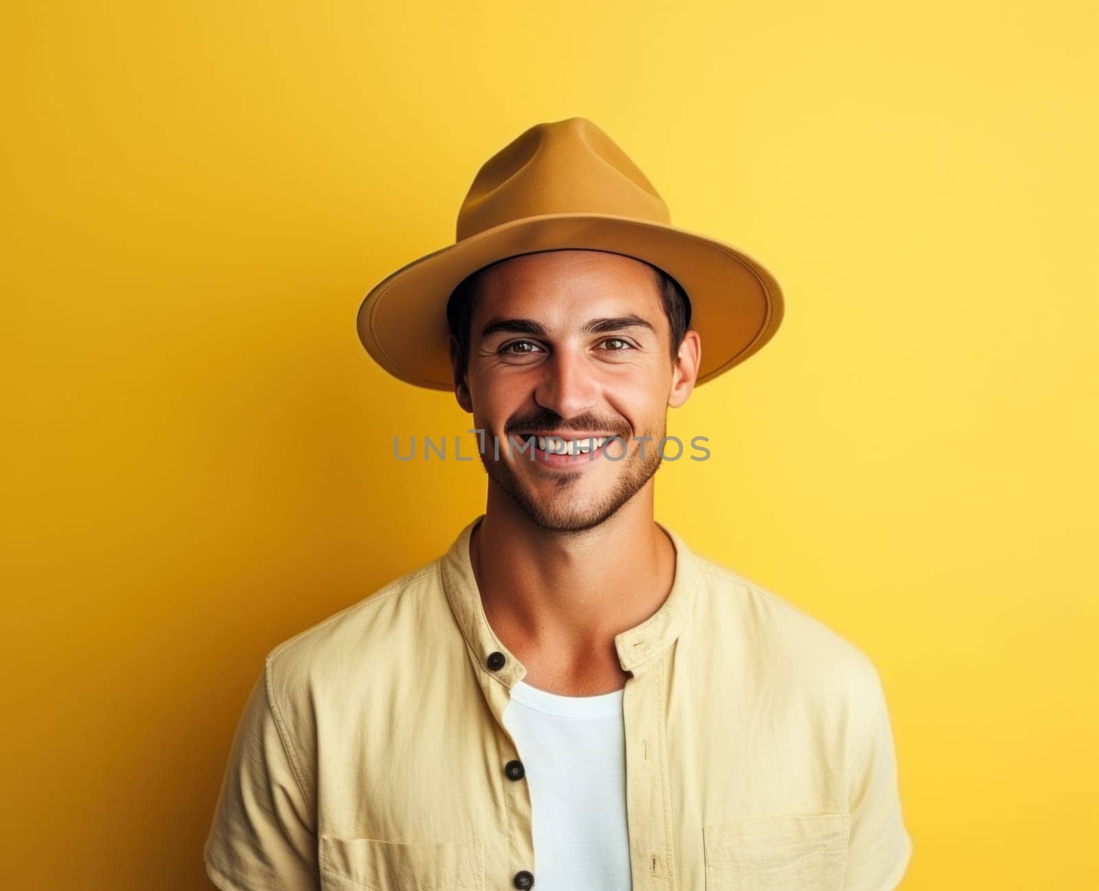 a young man wearing a hat is looking in the direction of his camera.