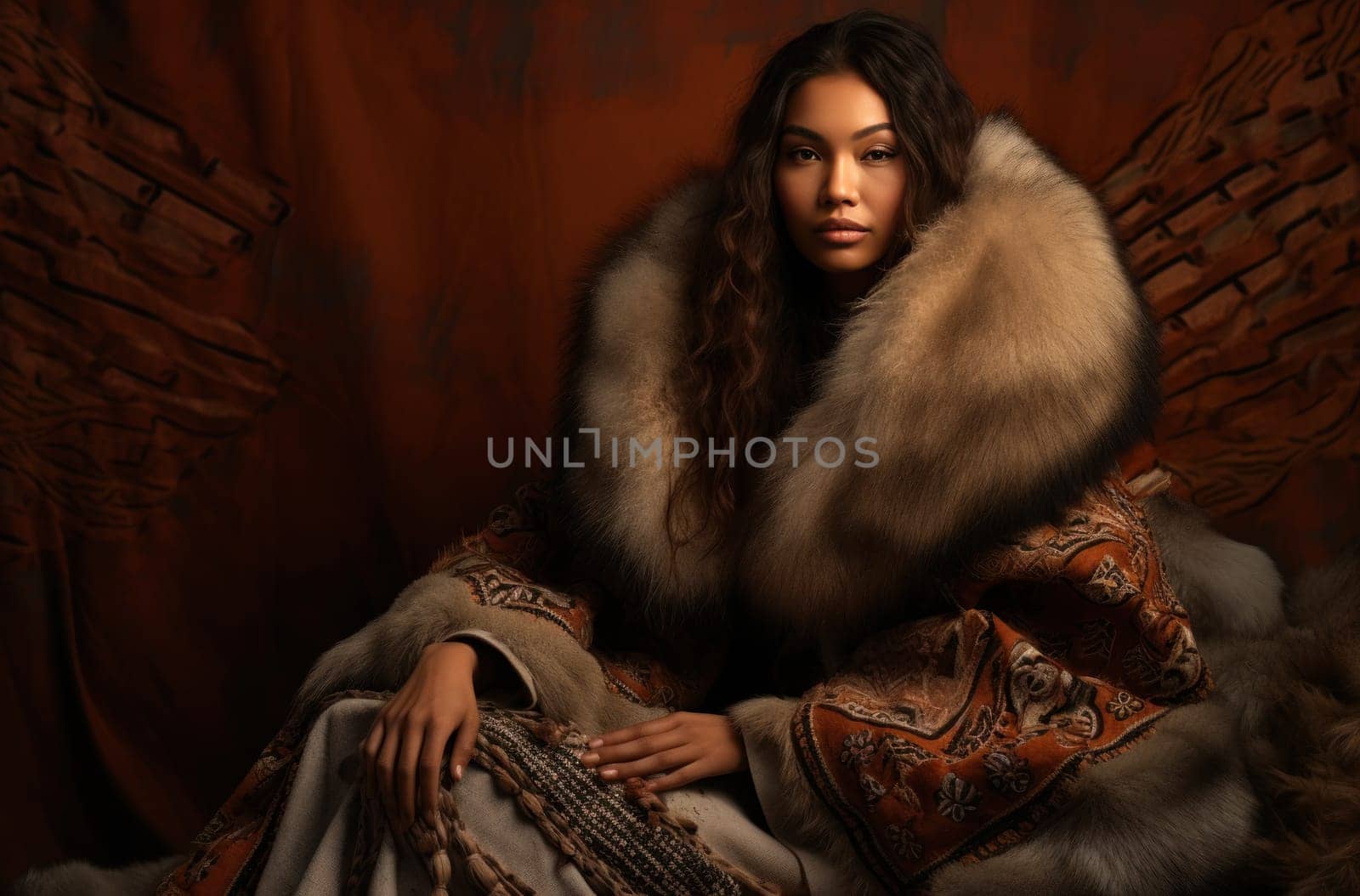 a woman in a traditional wearing dress with a fur piece sat.