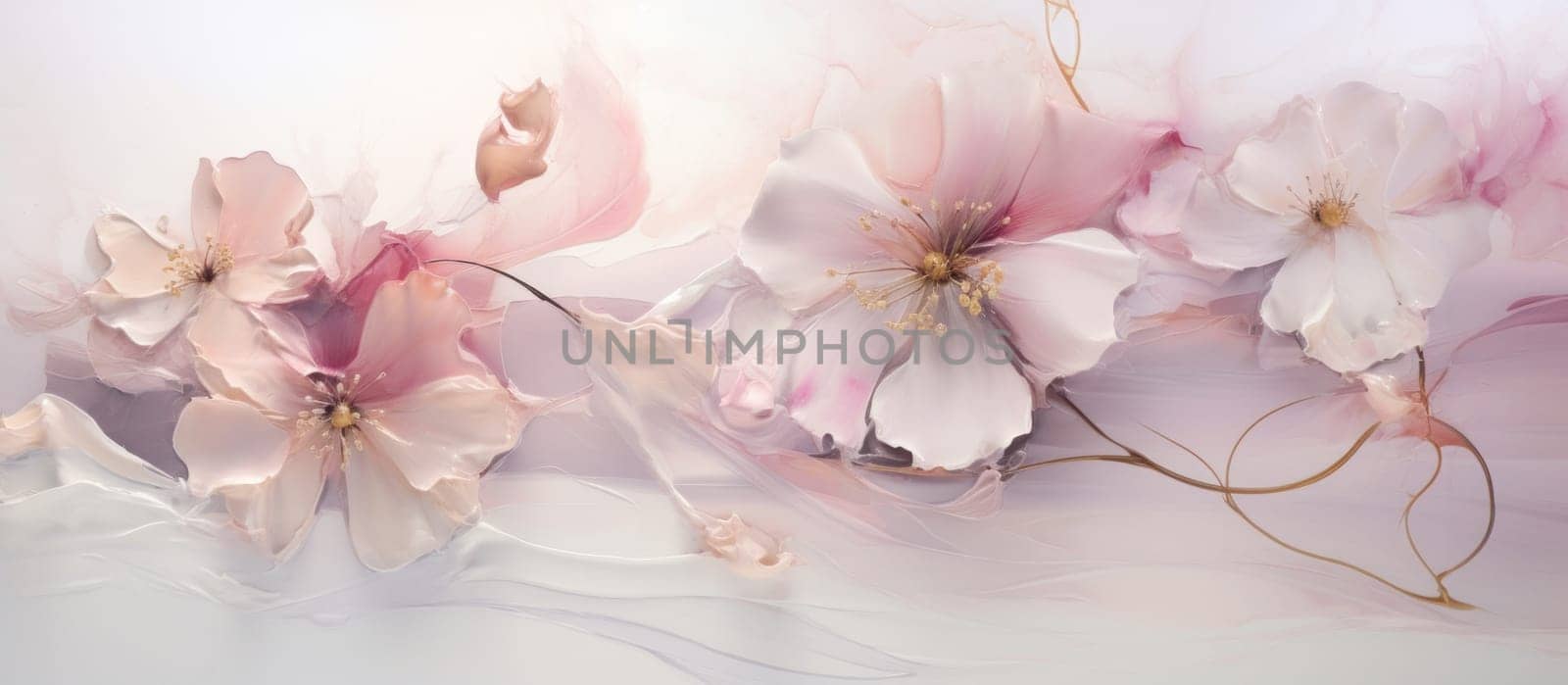 a painting of pink flowers on white surface.
