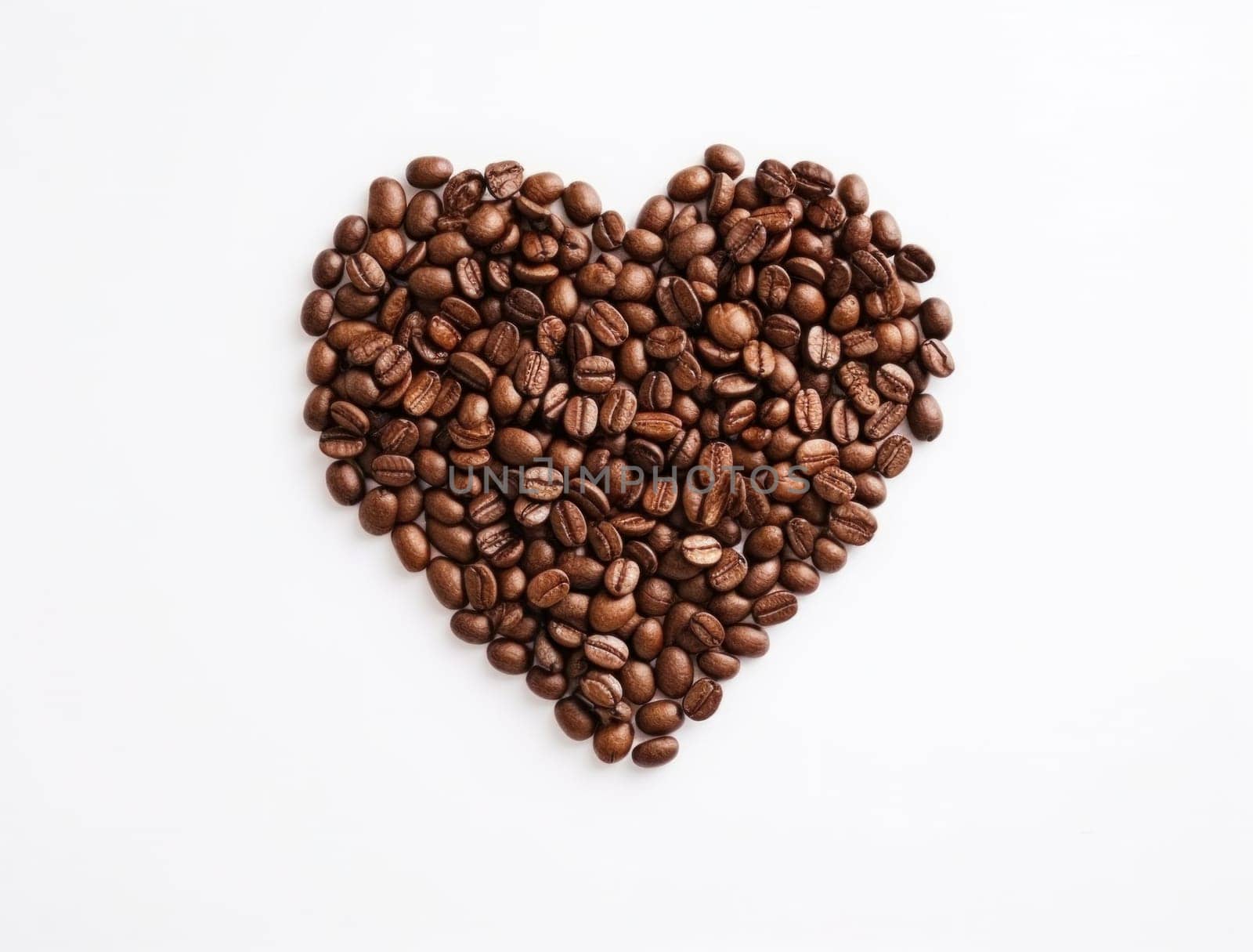 a heart of coffee beans was made on a white background.