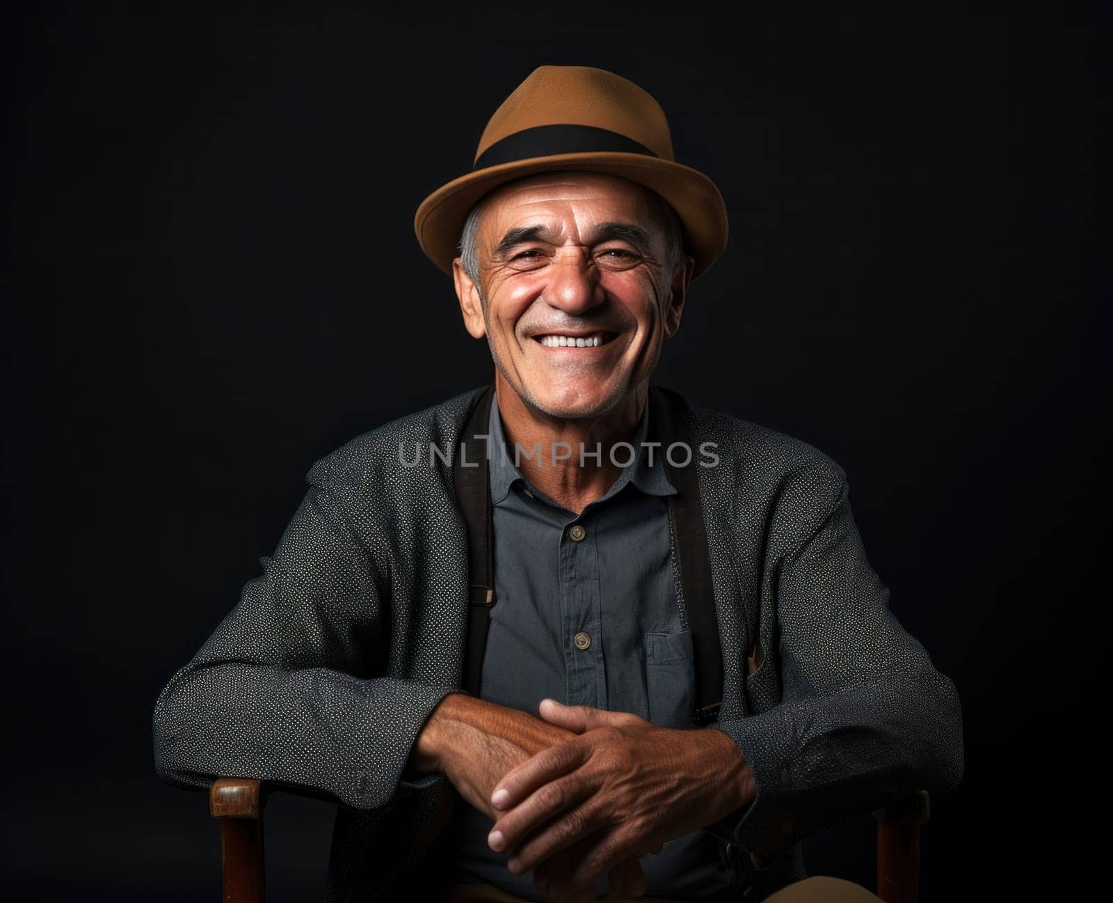 a man seated in a hat smiling while he looks to the camera.