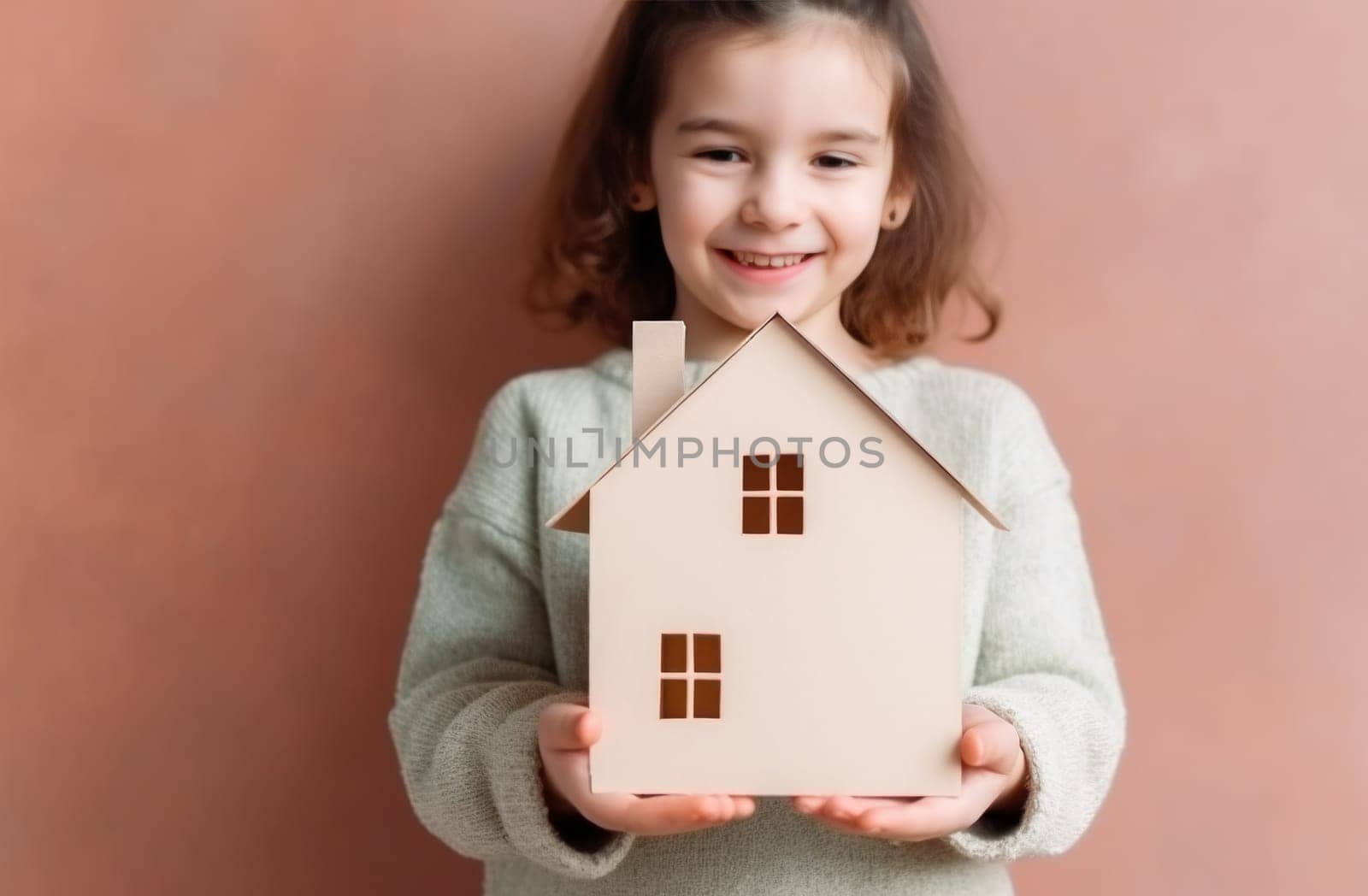 child holds paper cardboard house after moving in to a new home.