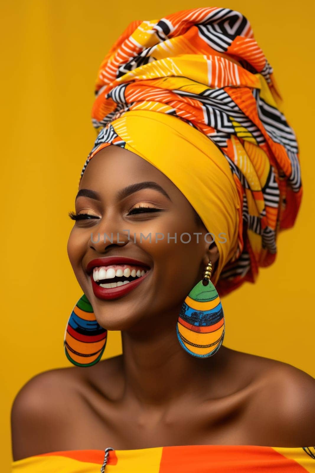 a smiling african woman wearing a colorful hat on a yellow background.