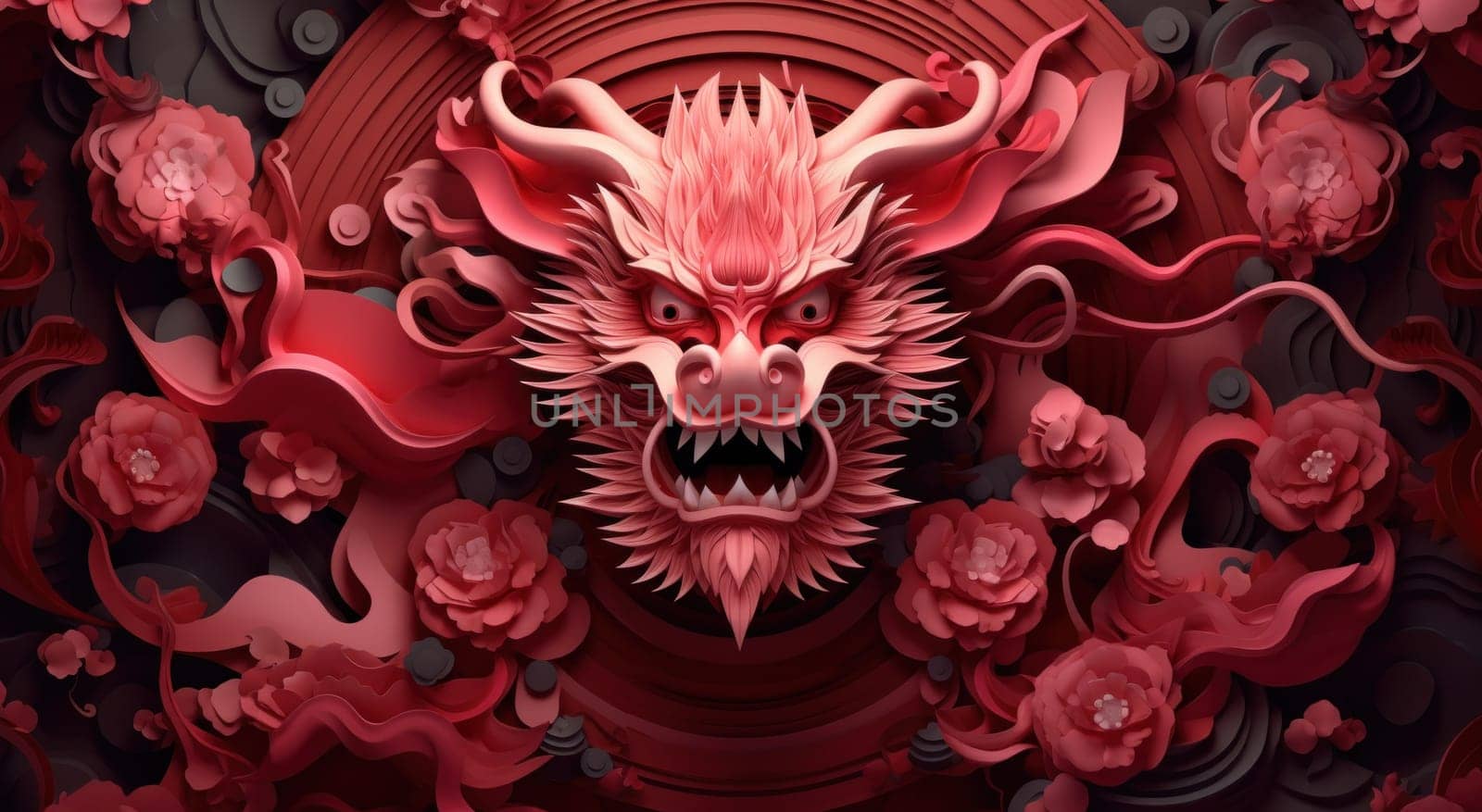 an abstract red dragon surrounded by paper decor .