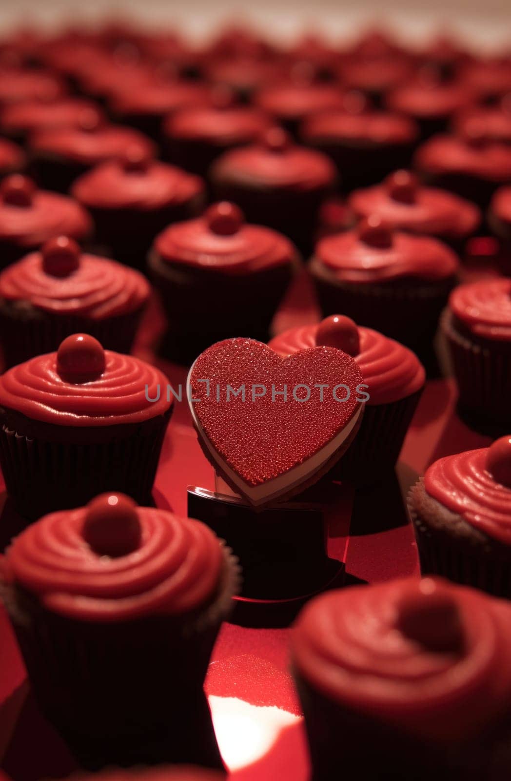 cupcakes in red velvet heart shape on table.