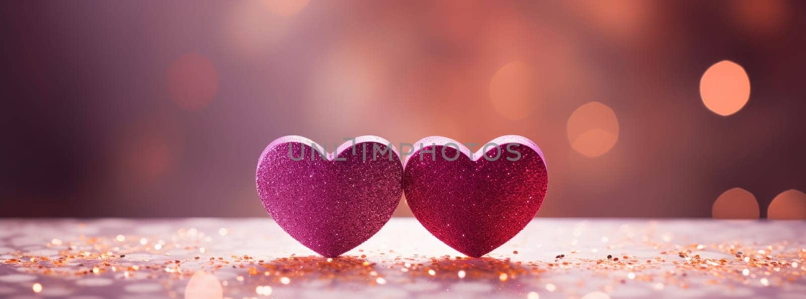 two hearts sitting on a glittery background.